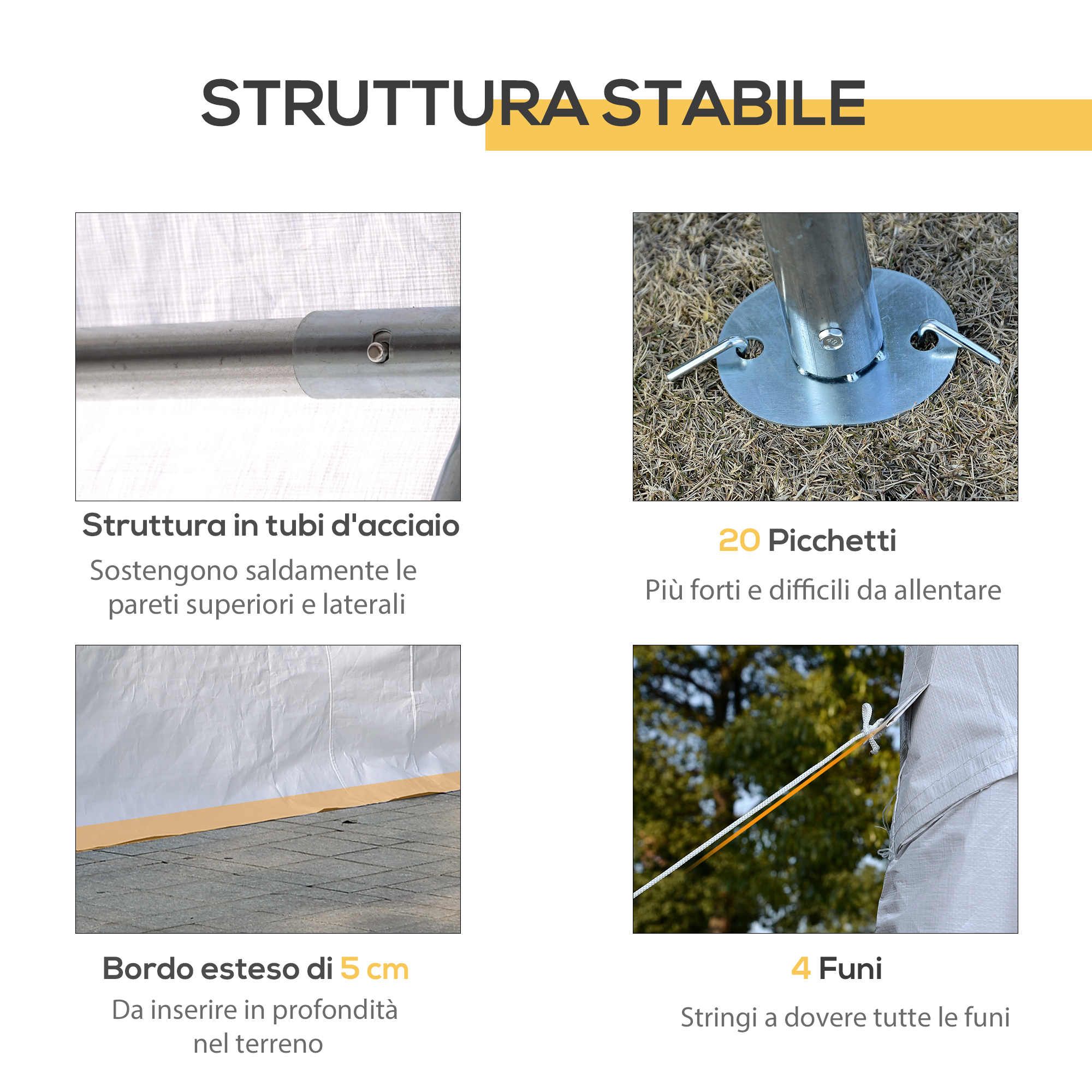Struttura in tubi d'acciaio, 20 picchetti, bordo 5 cm, 4 funi.
