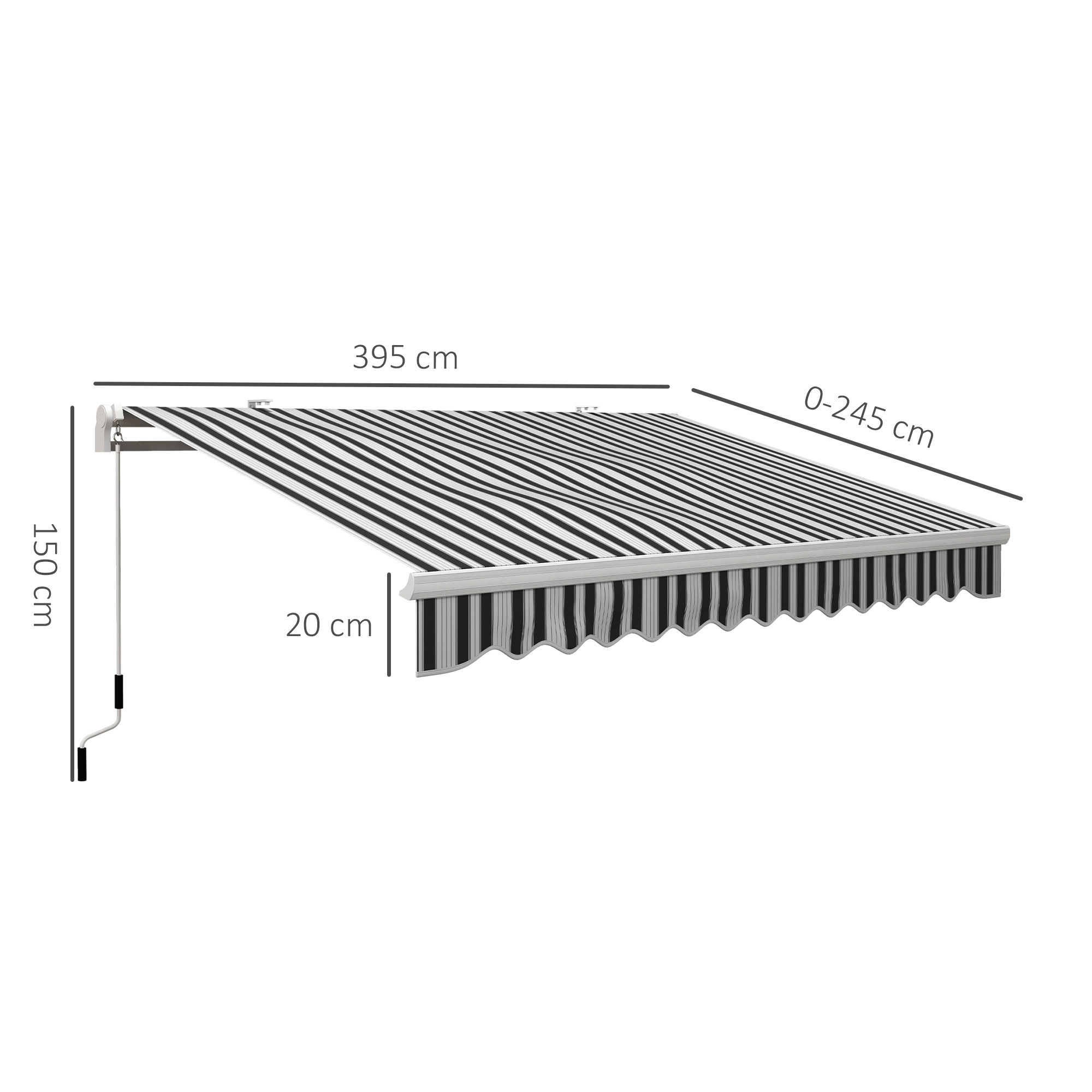 Una tenda da sole estesa a strisce bianche e nere, con dimensioni indicate.