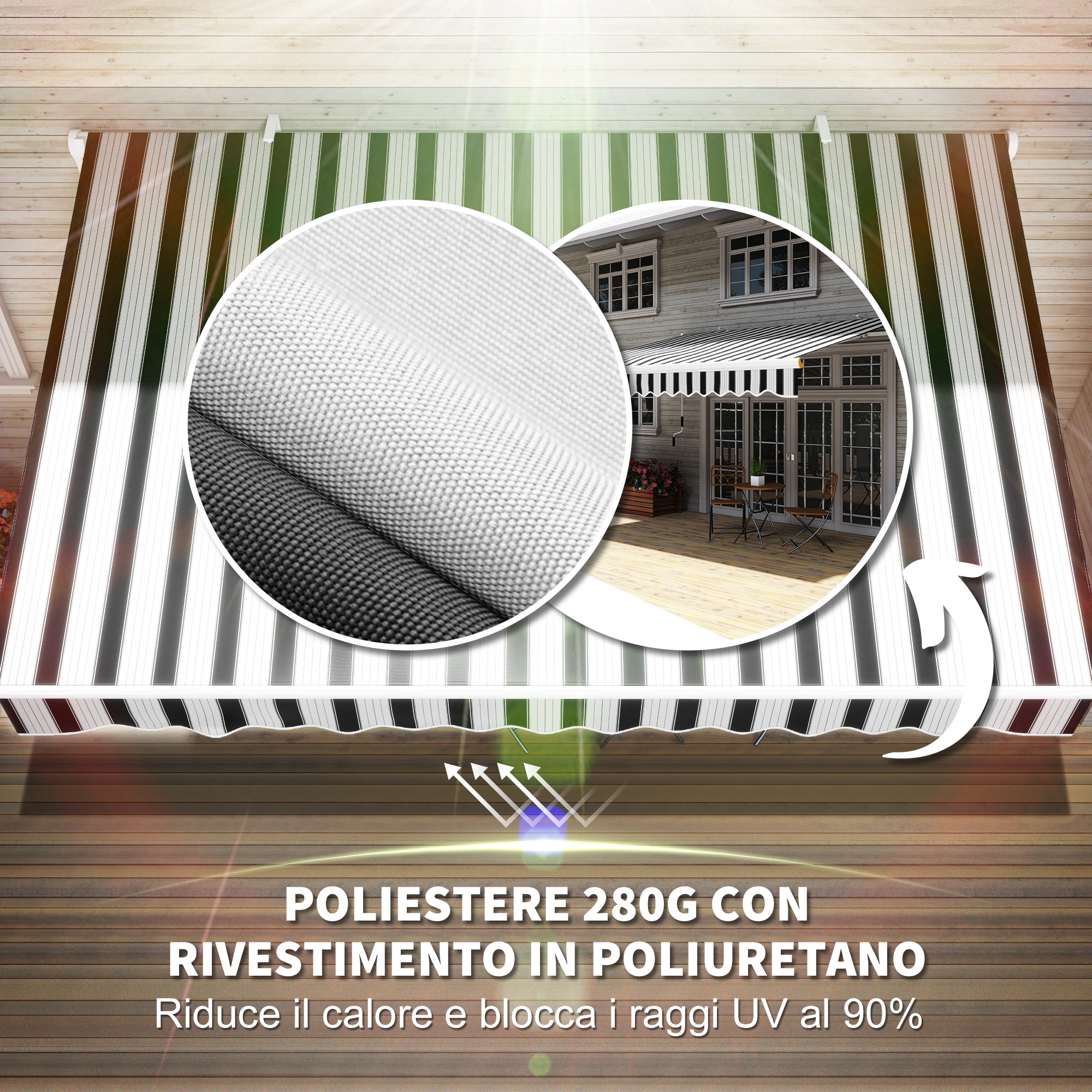 Tenda a righe, primo piano del tessuto e una casa.