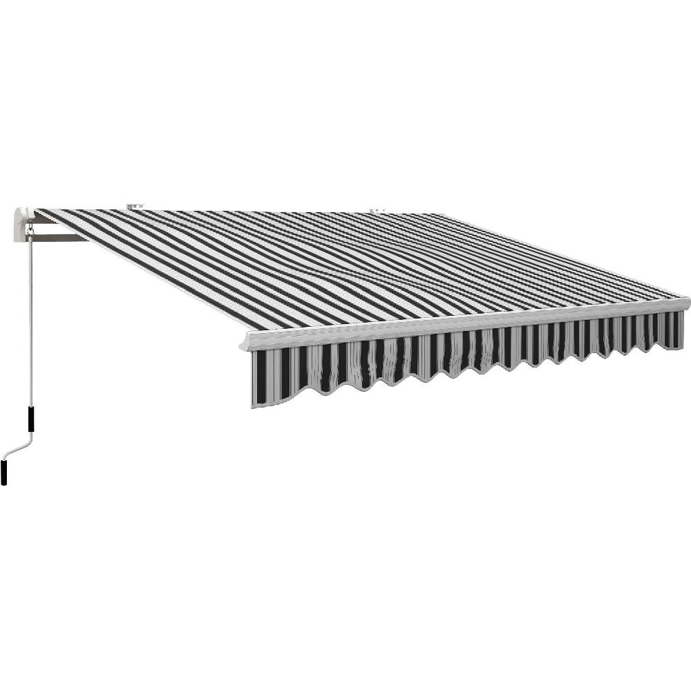 Tenda da sole estesa a righe bianche e nere con manovella.
