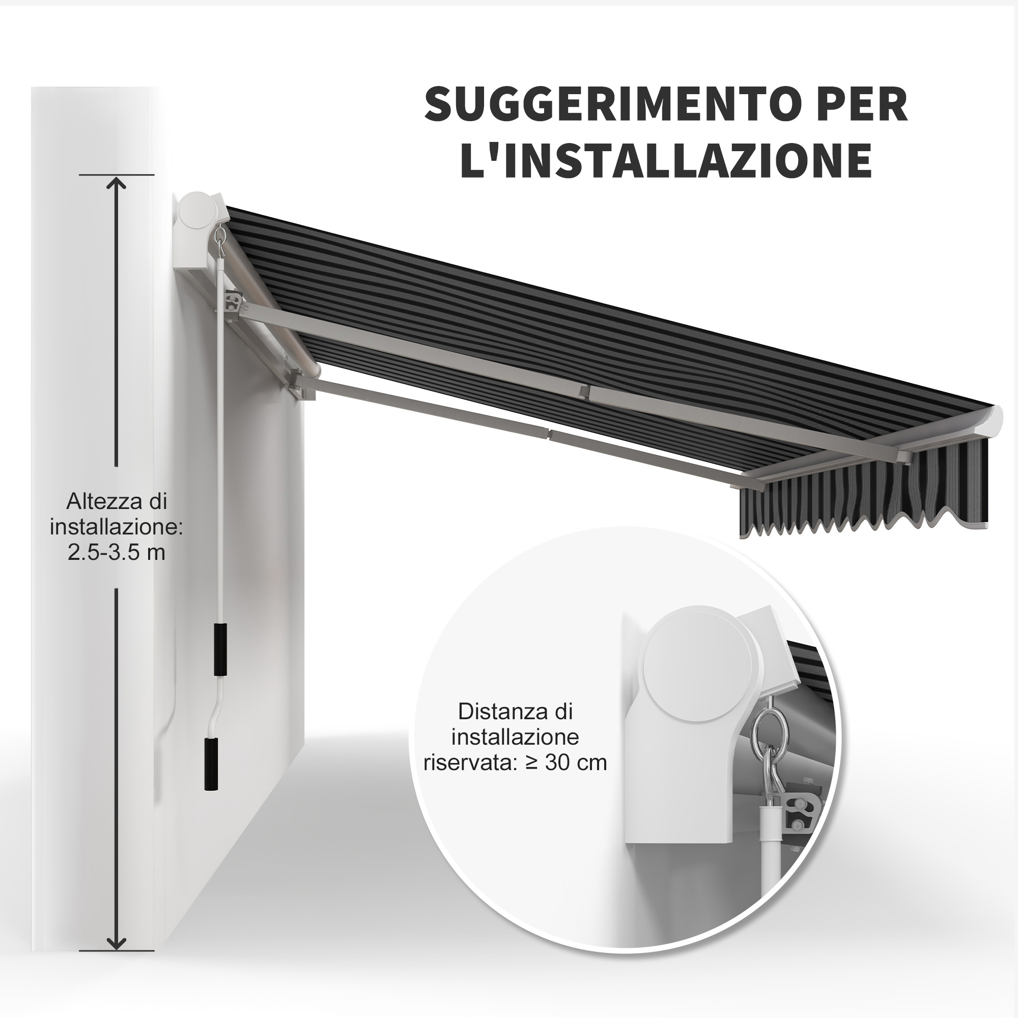 Tenda a righe, altezza installazione 2.5-3.5m, distanza 30cm.