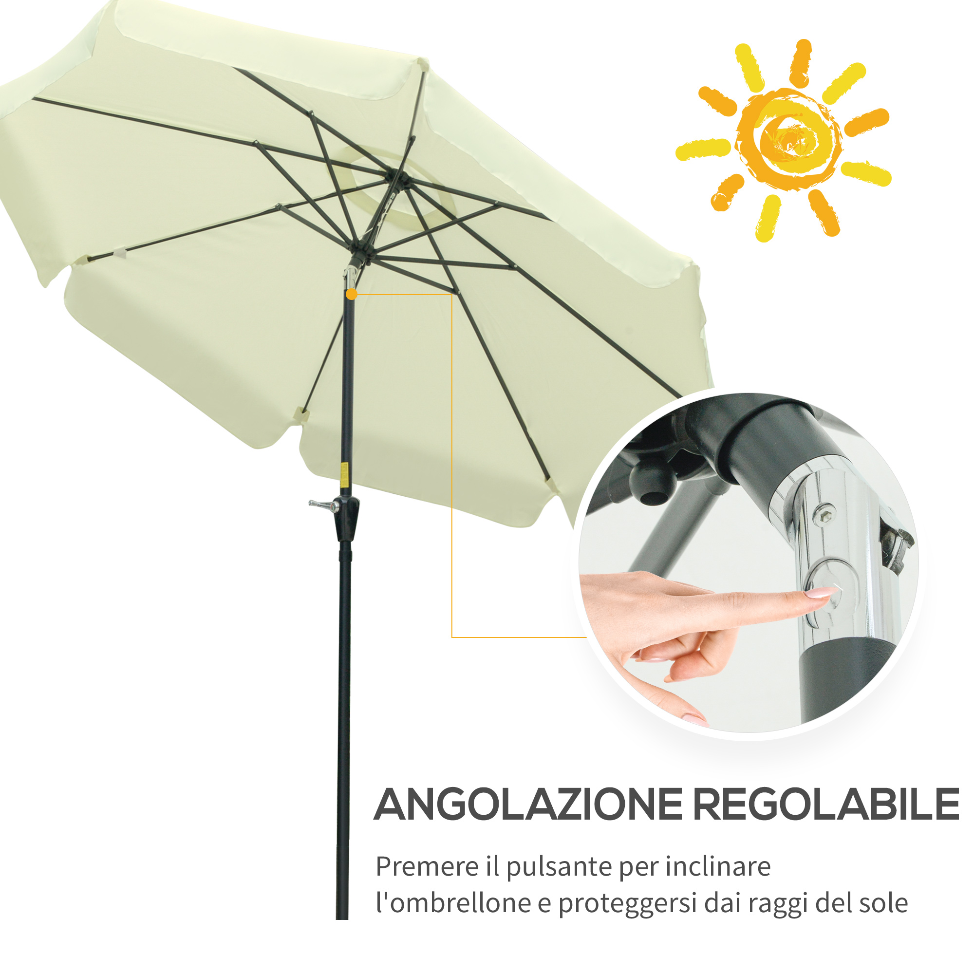 Un ombrellone beige da esterno con asta in metallo e primo piano di mano che preme pulsante.