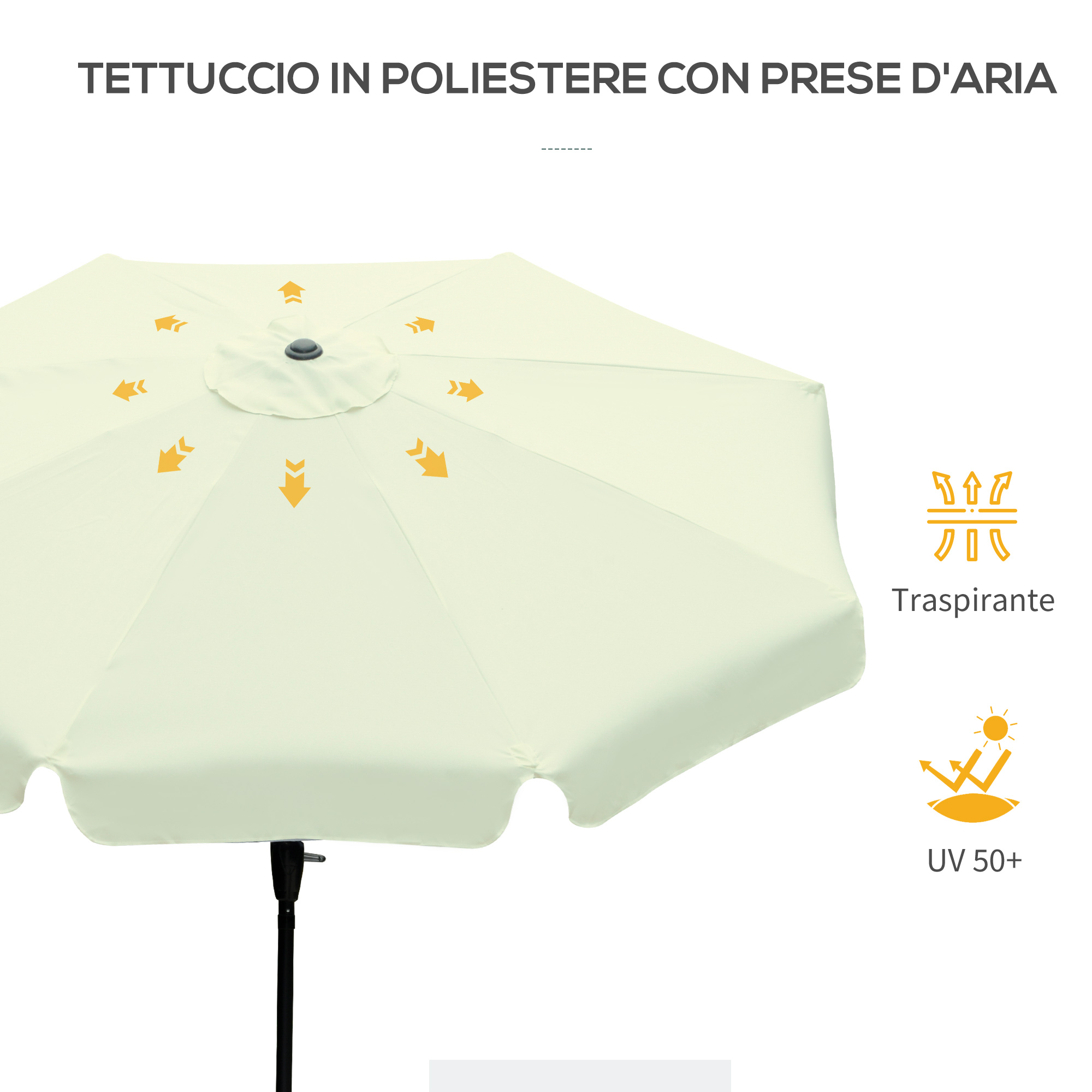 Tendalino parasole di colore chiaro con frecce che indicano ventilazione.