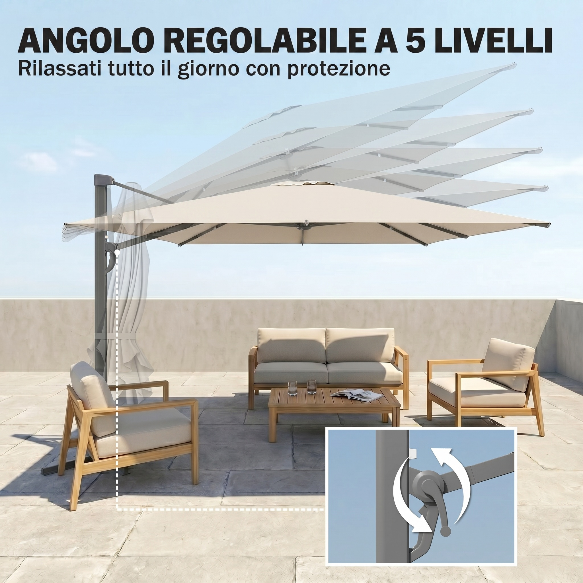 Ombrellone regolabile su mobili da giardino su una terrazza.