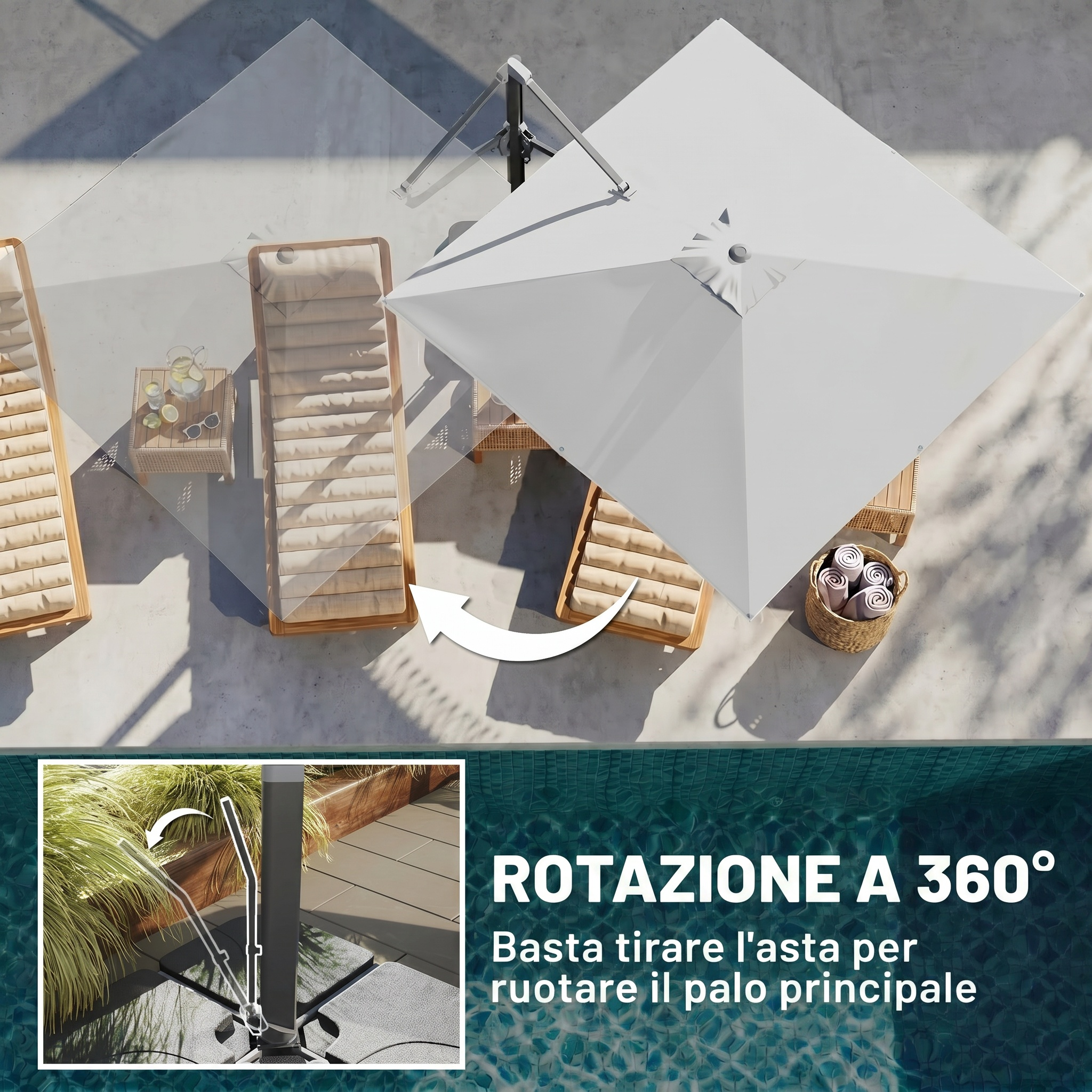 Un ombrellone ruota di 360 gradi sopra le sdraio.