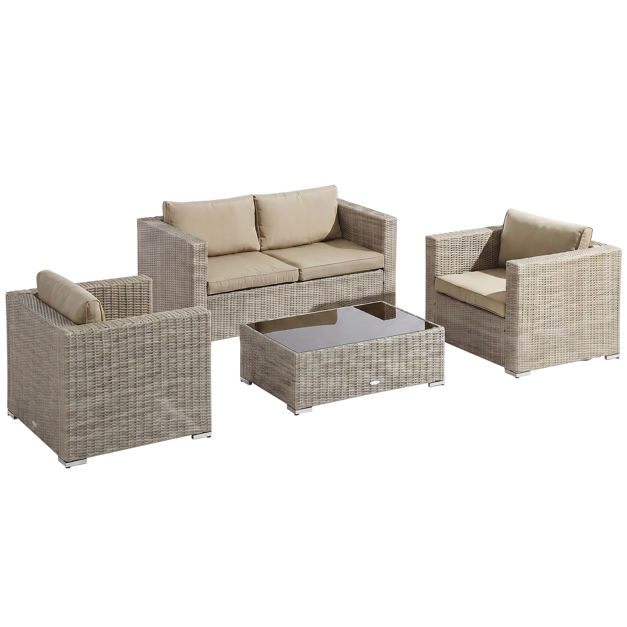 Set da giardino in vimini: divano, due poltrone e tavolino con piano in vetro.