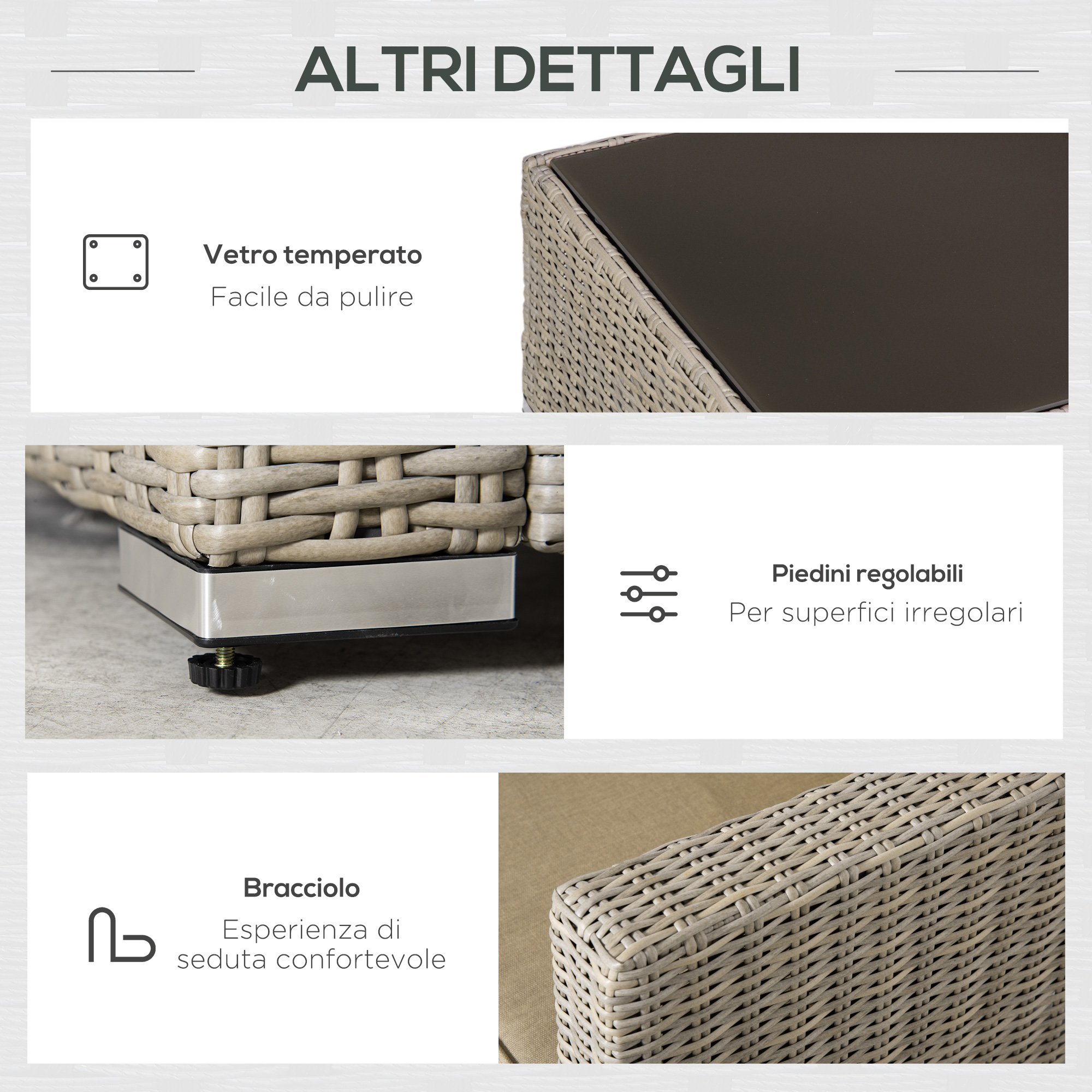 Dettagli: Piano in vetro, piedini regolabili, bracciolo per seduta comoda.
