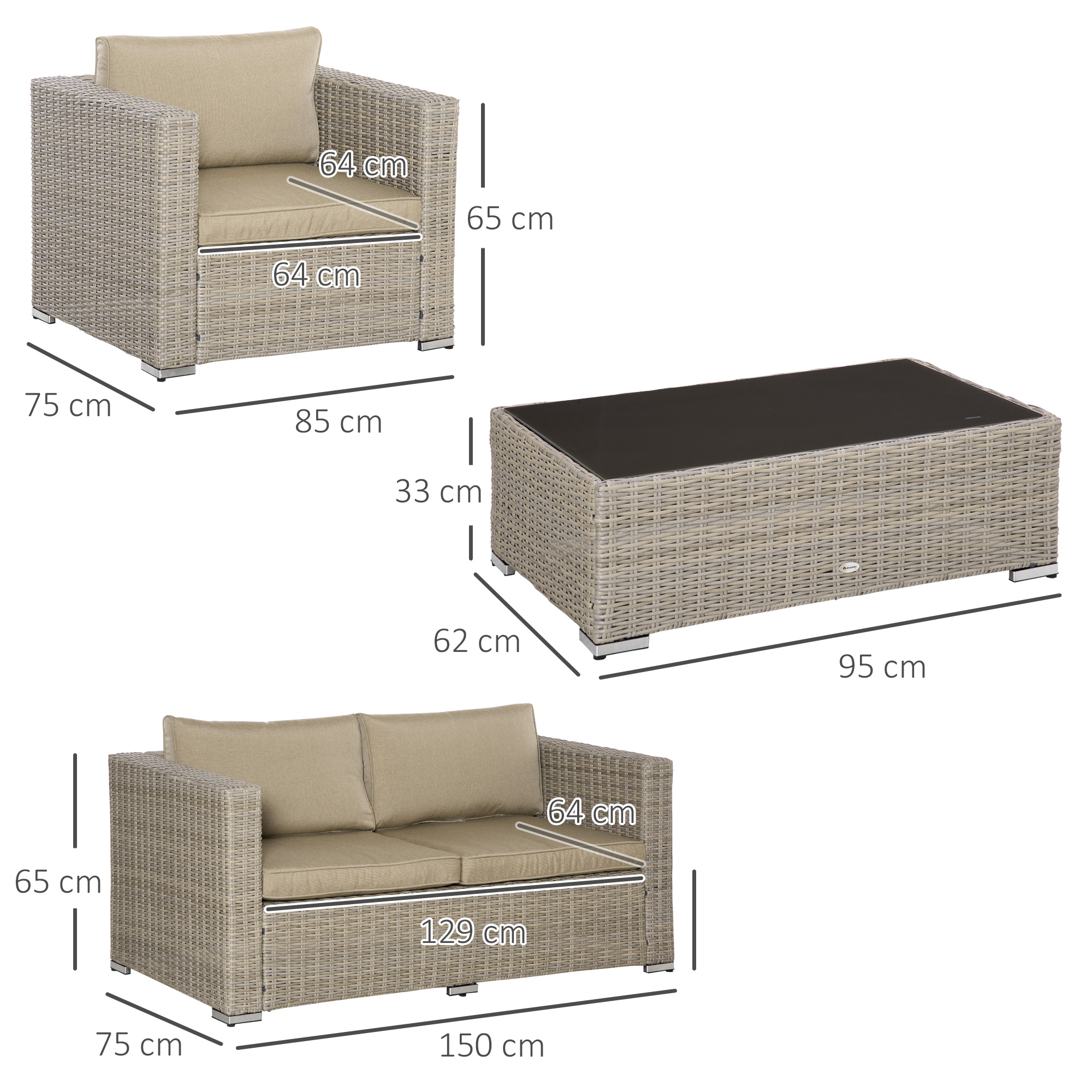 Mobili in rattan con dimensioni: Poltrona 85x75x65cm, Divano 150x75x65cm, Tavolo 95x62x33cm.