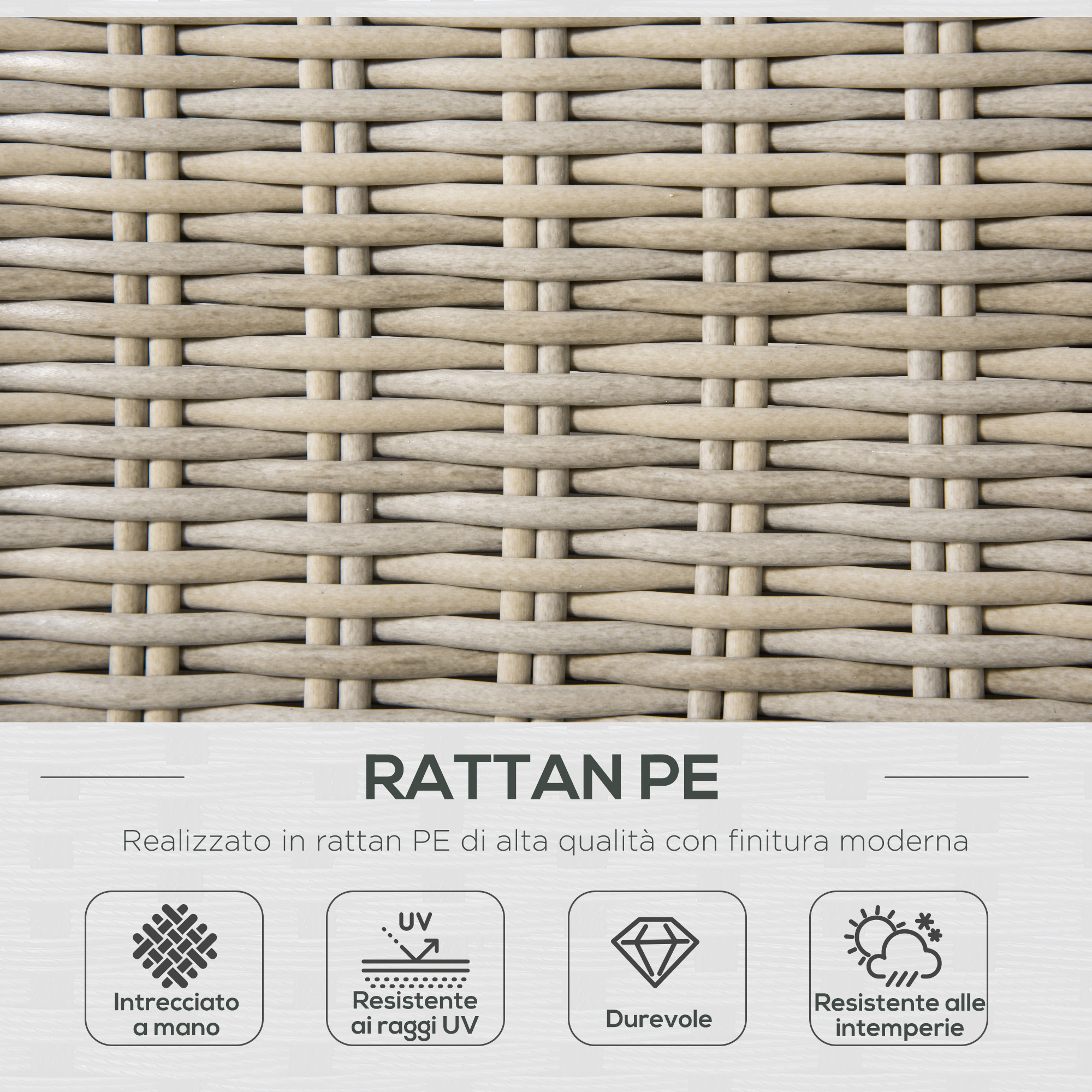 Primo piano di materiale Rattan PE beige intrecciato con icone per intreccio a mano, resistenza UV, durevole e per tutte le stagioni.
