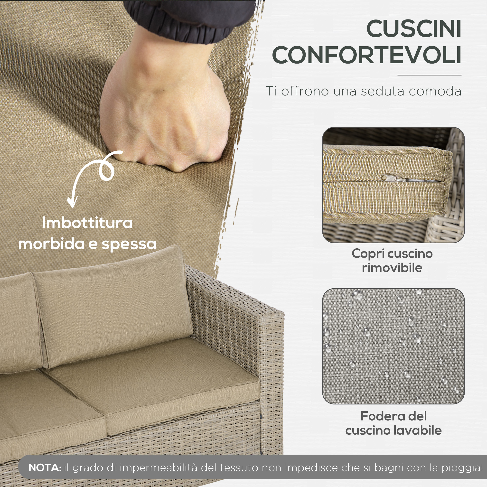 Imbottitura morbida e spessa su divano in rattan con coperture rimovibili.