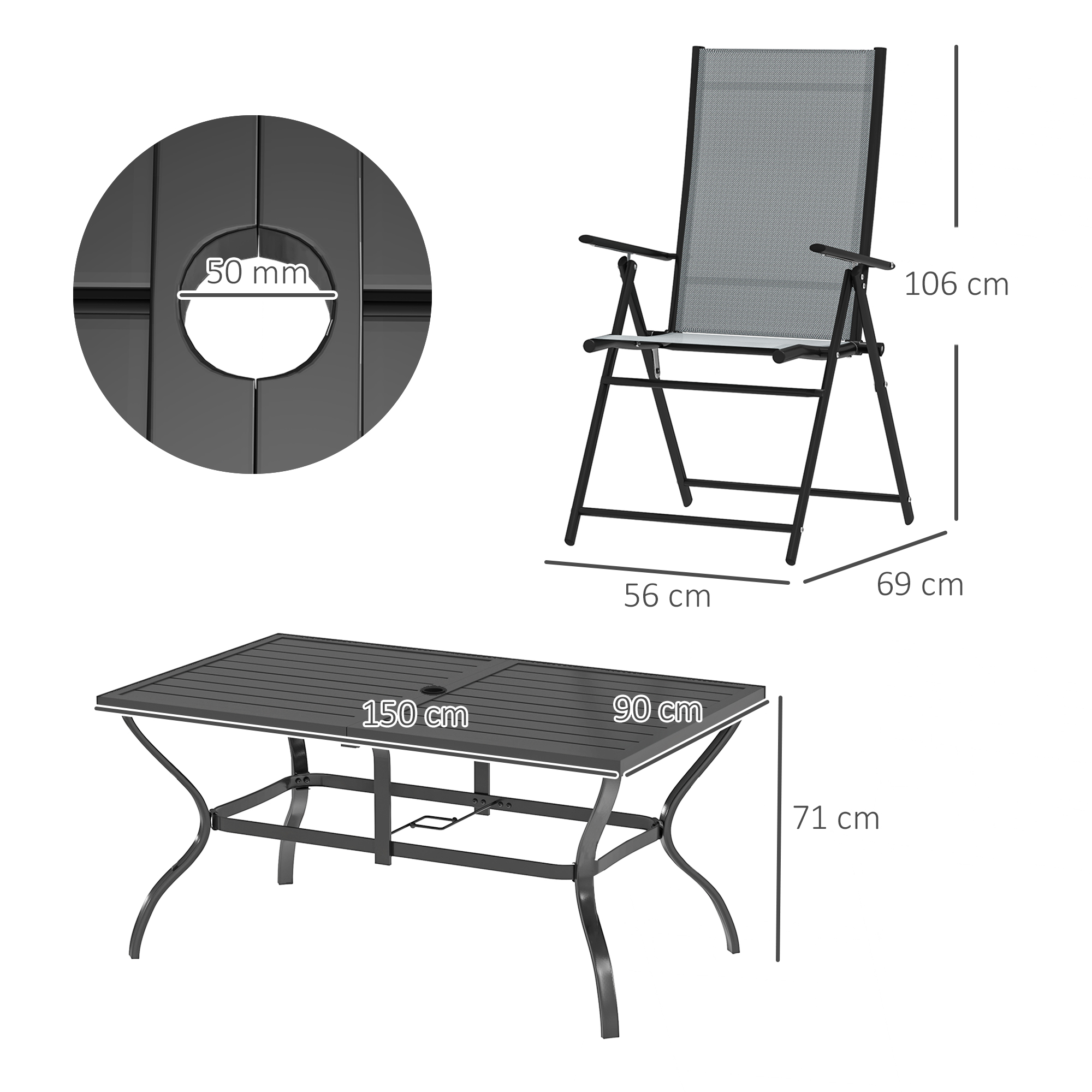 Un tavolo pieghevole nero (150x90x71cm) e una sedia (56x69x106cm).