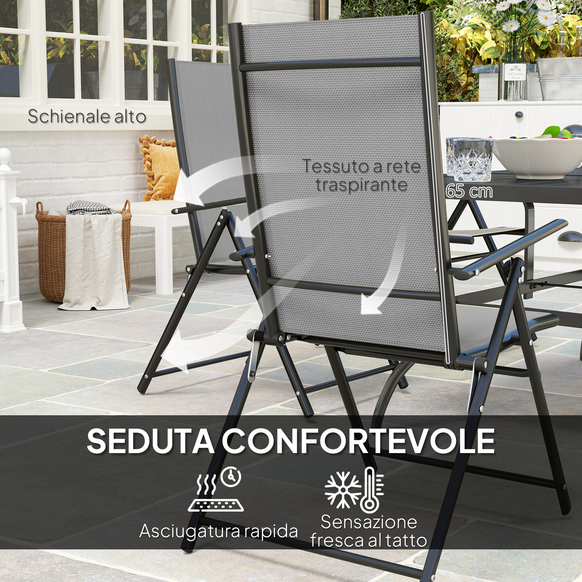 Sedia in rete grigia con descrizione ventilazione, altezza tavolo 65 cm.