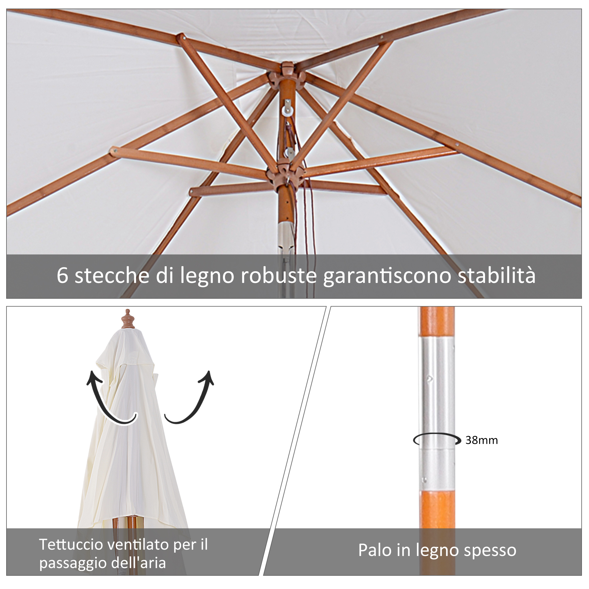 Un ombrellone con stecche di legno e tetto ventilato.