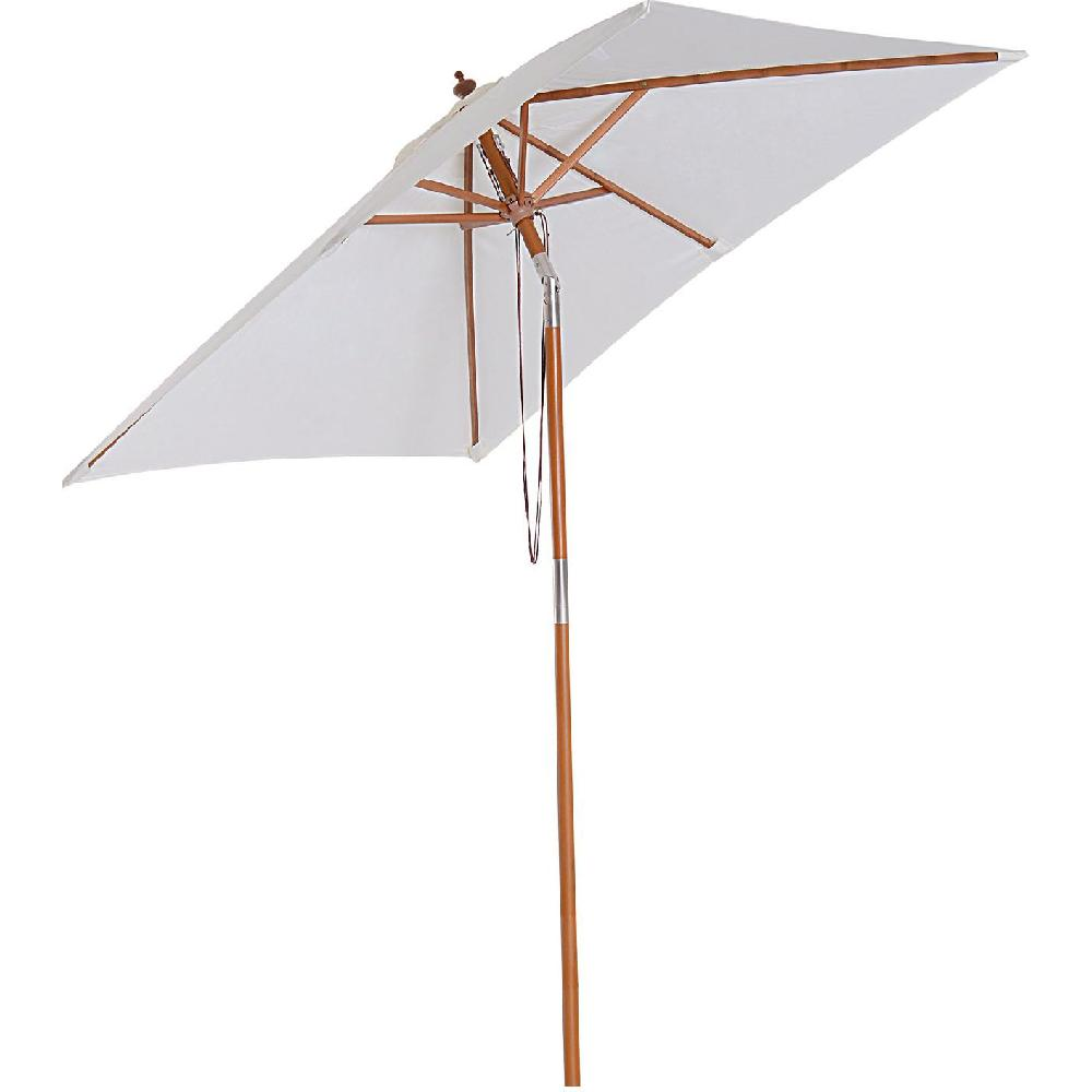 Un ombrellone rettangolare bianco con palo e struttura in legno, su sfondo bianco.