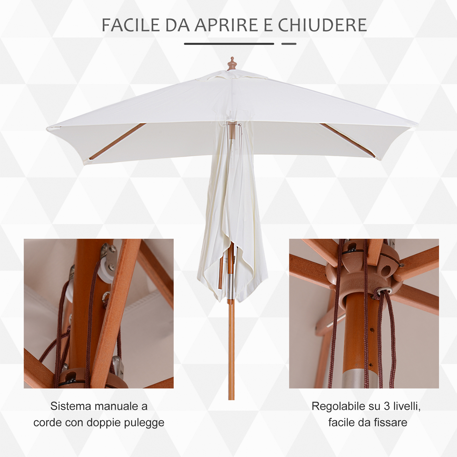 Un ombrellone bianco con struttura in legno, con primi piani del sistema a carrucole.