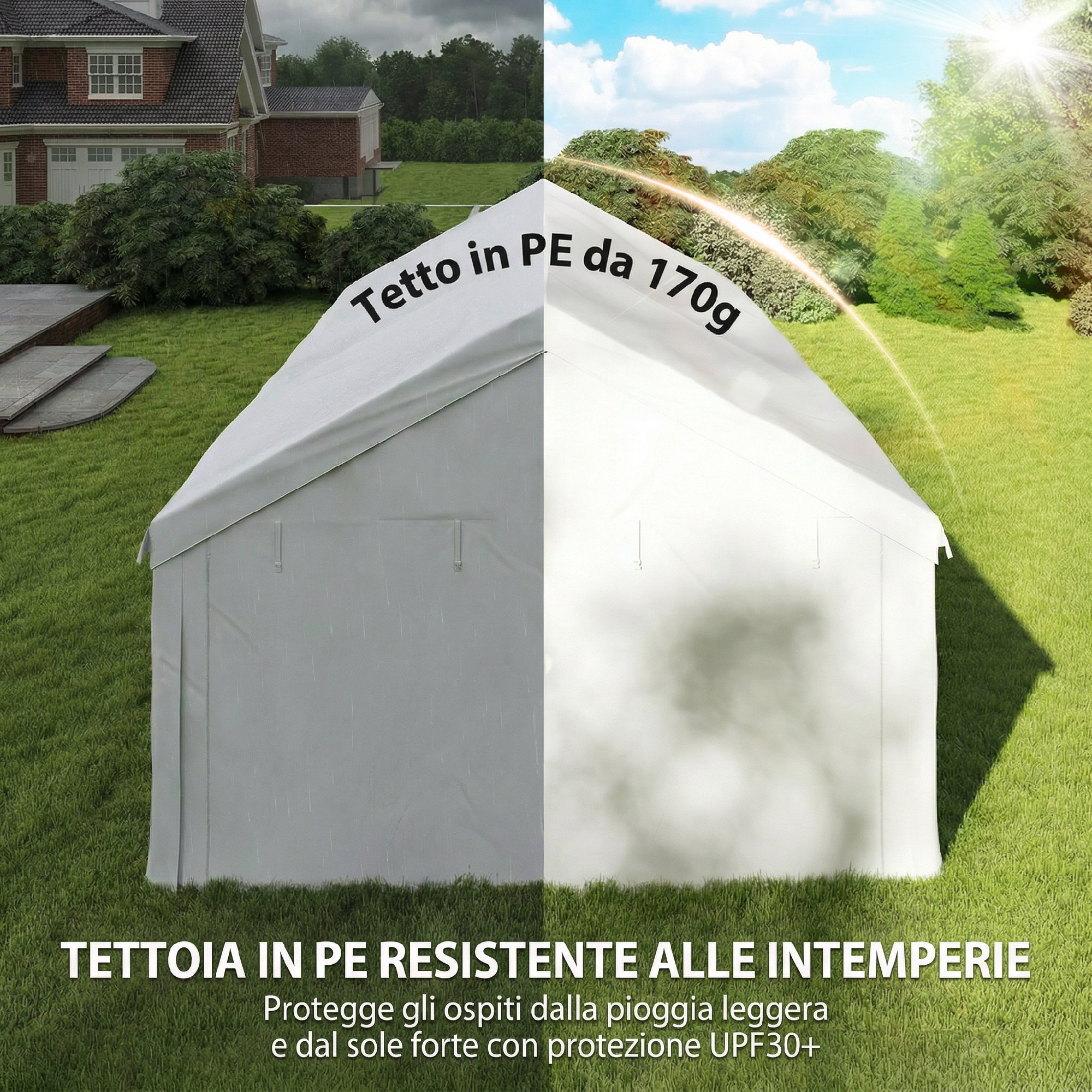 Una tenda con pioggia da un lato e sole dall'altro. Testo: Tetto PE 170g.