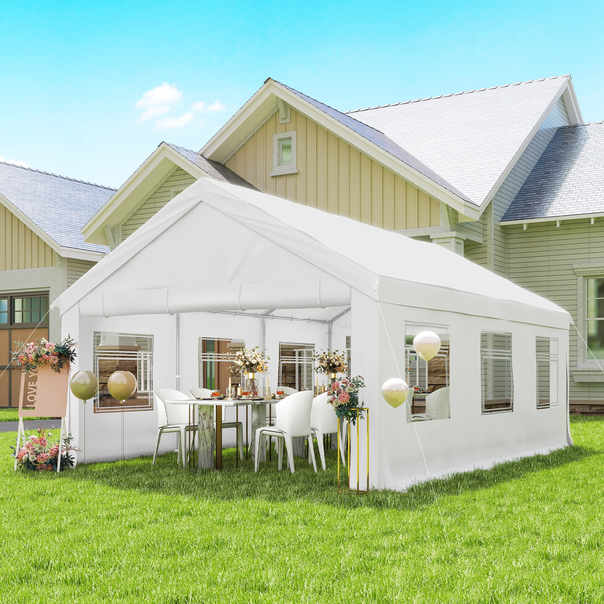 Una tenda bianca con tavoli e sedie, decorata con fiori e palloncini.