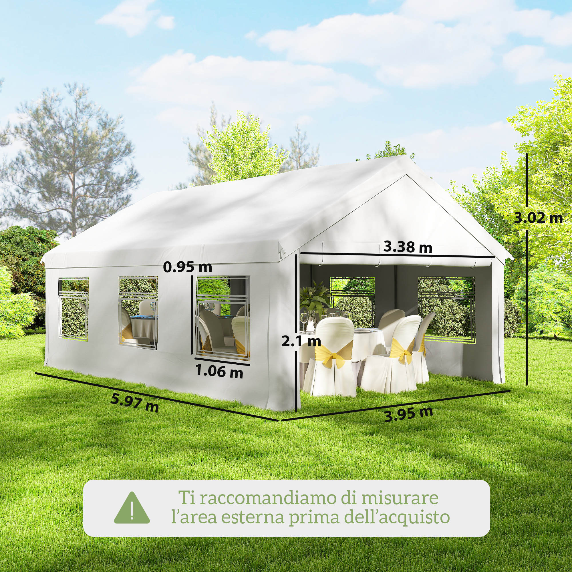 Una tenda bianca su un prato verde con dimensioni.