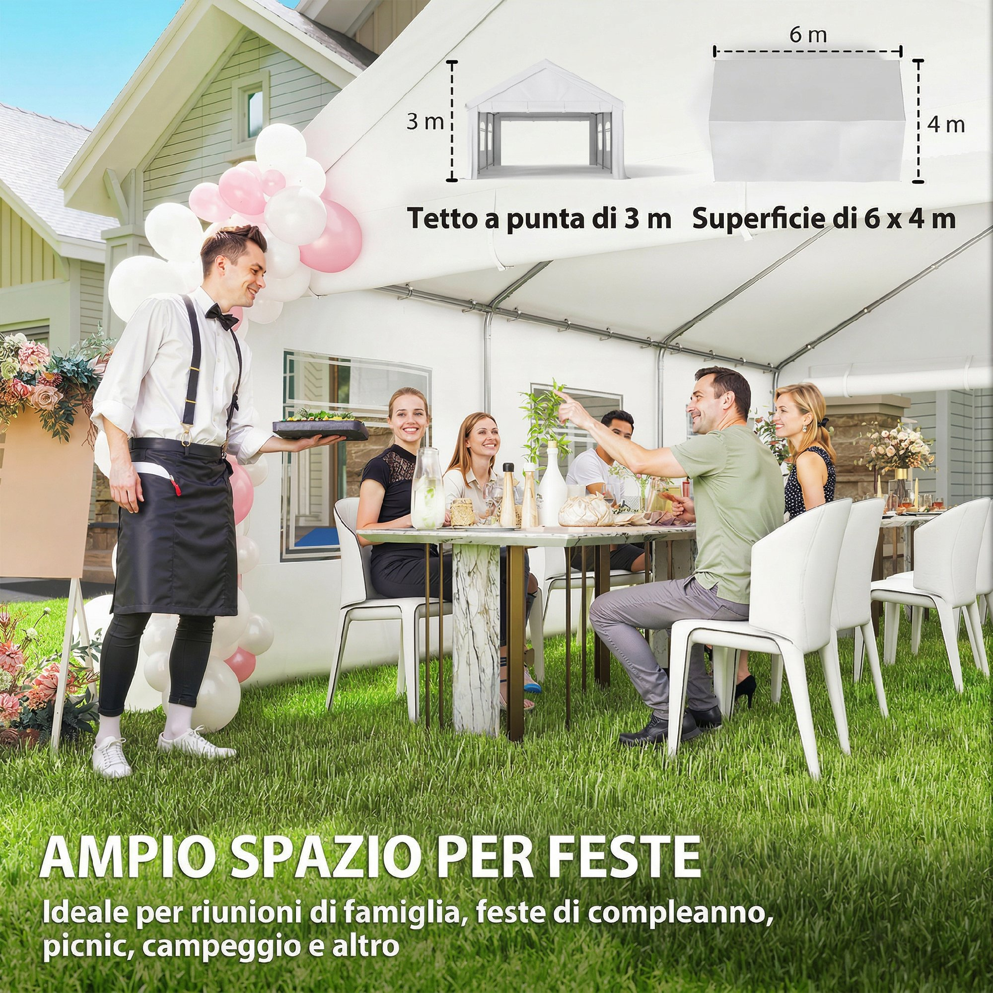 Persone festeggiano sotto una tenda bianca. Un cameriere serve cibo. Dimensioni indicate.