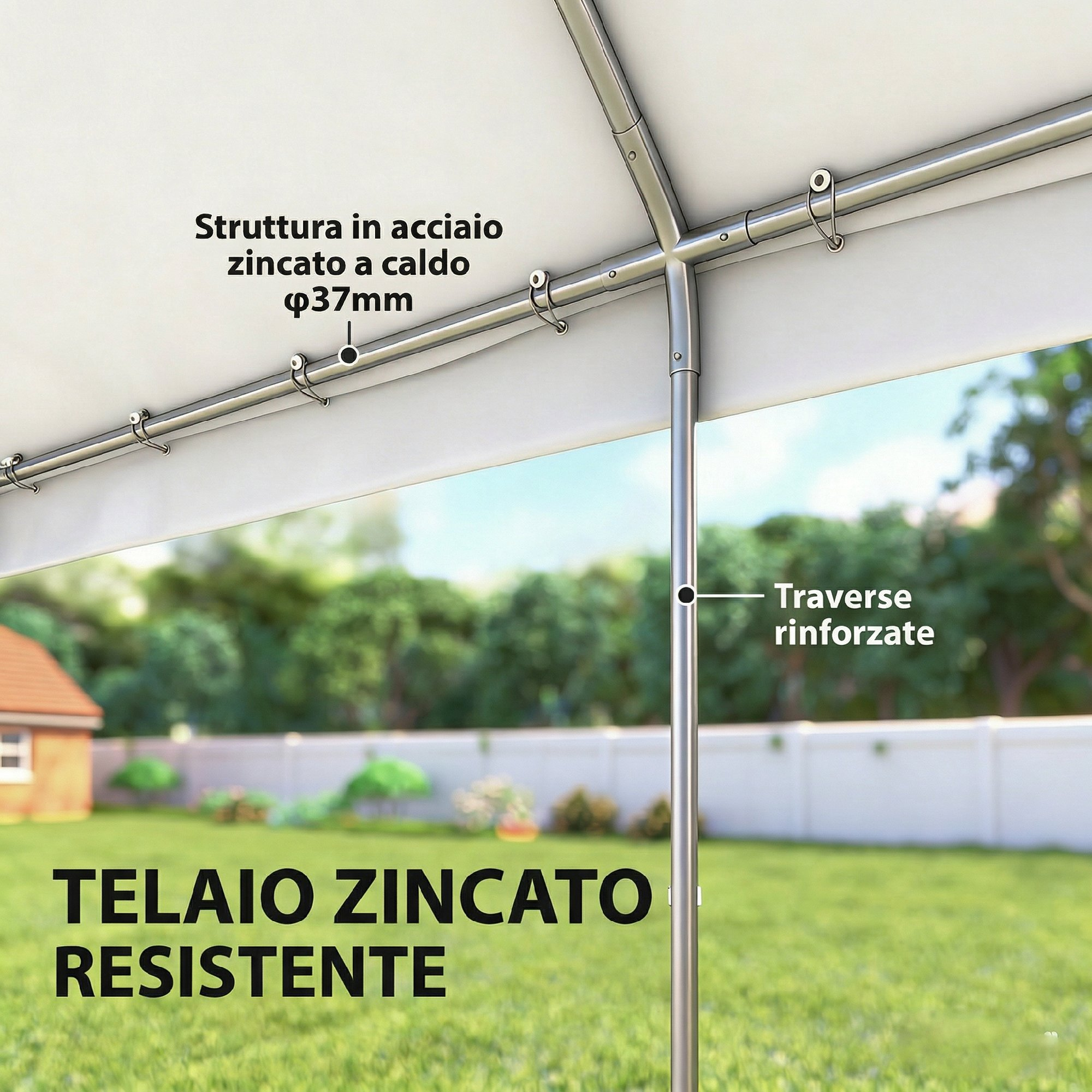 Struttura in acciaio con ganci e traverse rinforzate in giardino.