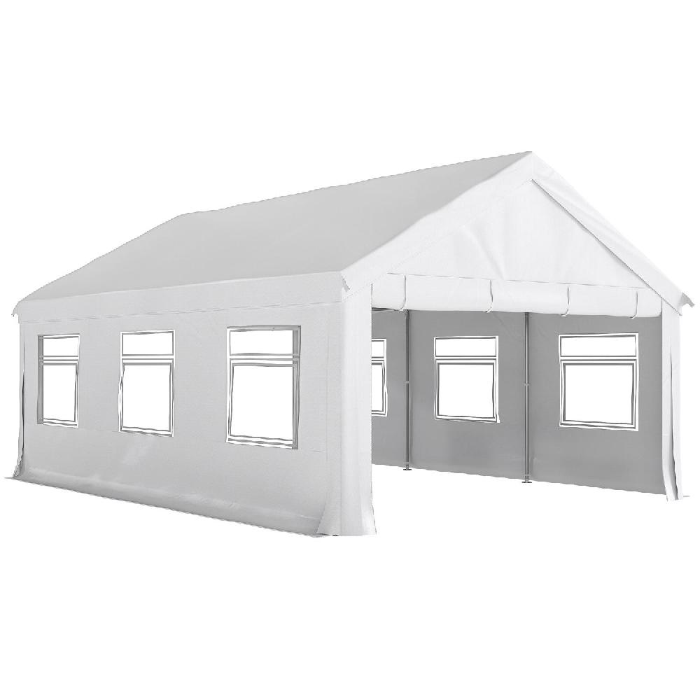 Una tenda a baldacchino bianca con più finestre e tetto spiovente, su sfondo bianco.