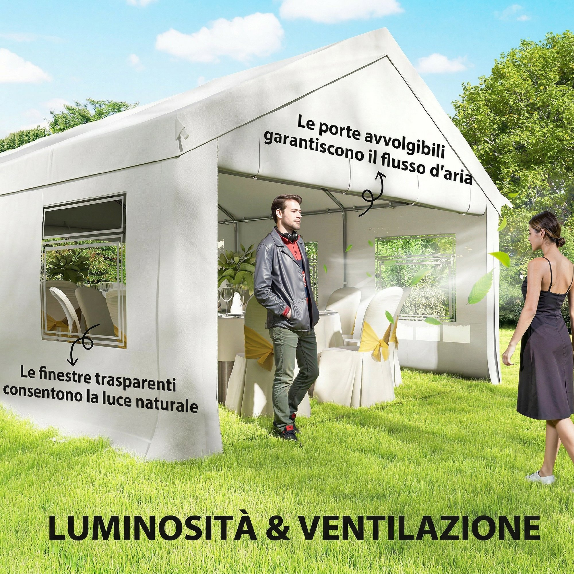 Tenda bianca con tavoli, sedie, persone all'esterno, cielo soleggiato.