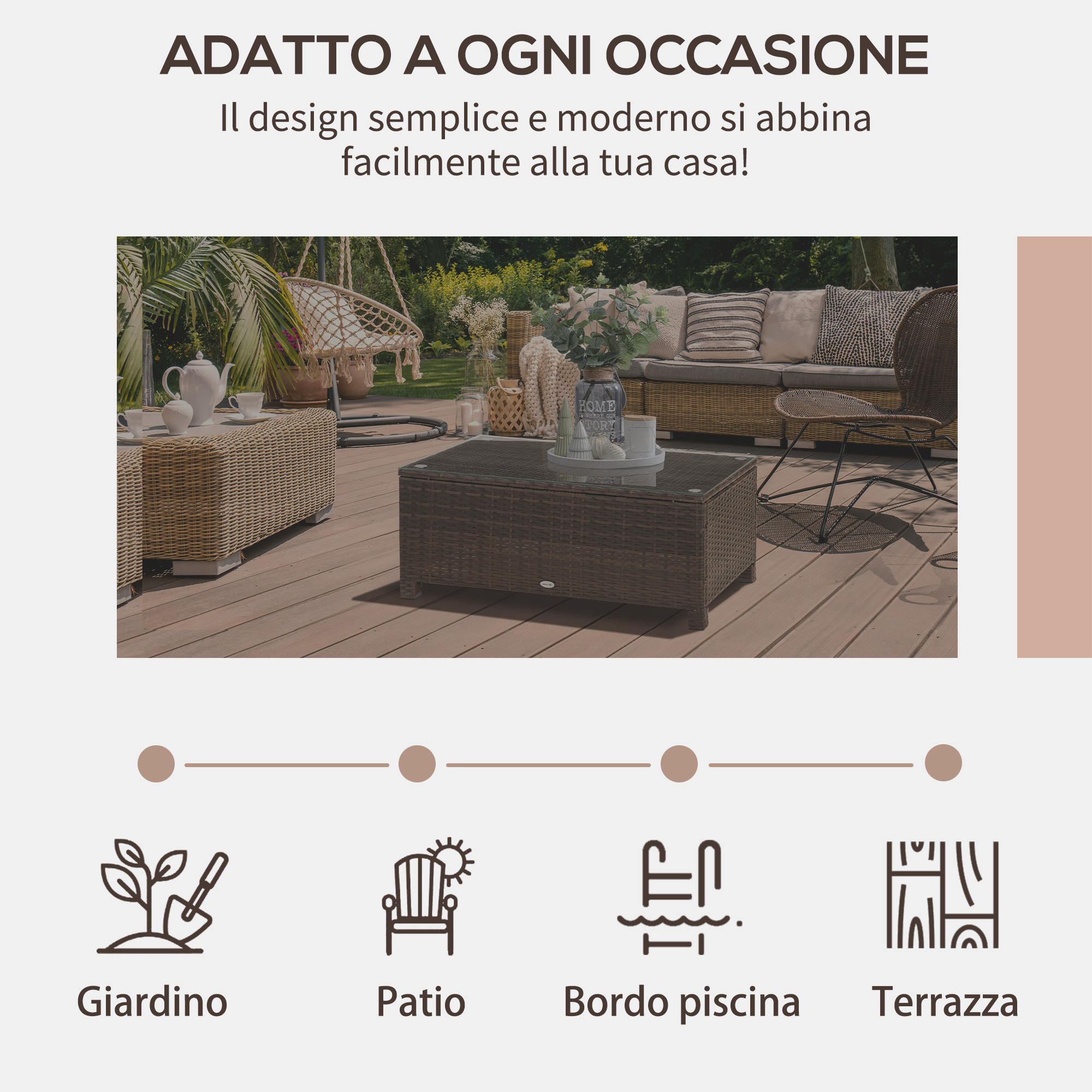 Mobili da esterno su terrazza in legno con sedia sospesa e servizio da tè.