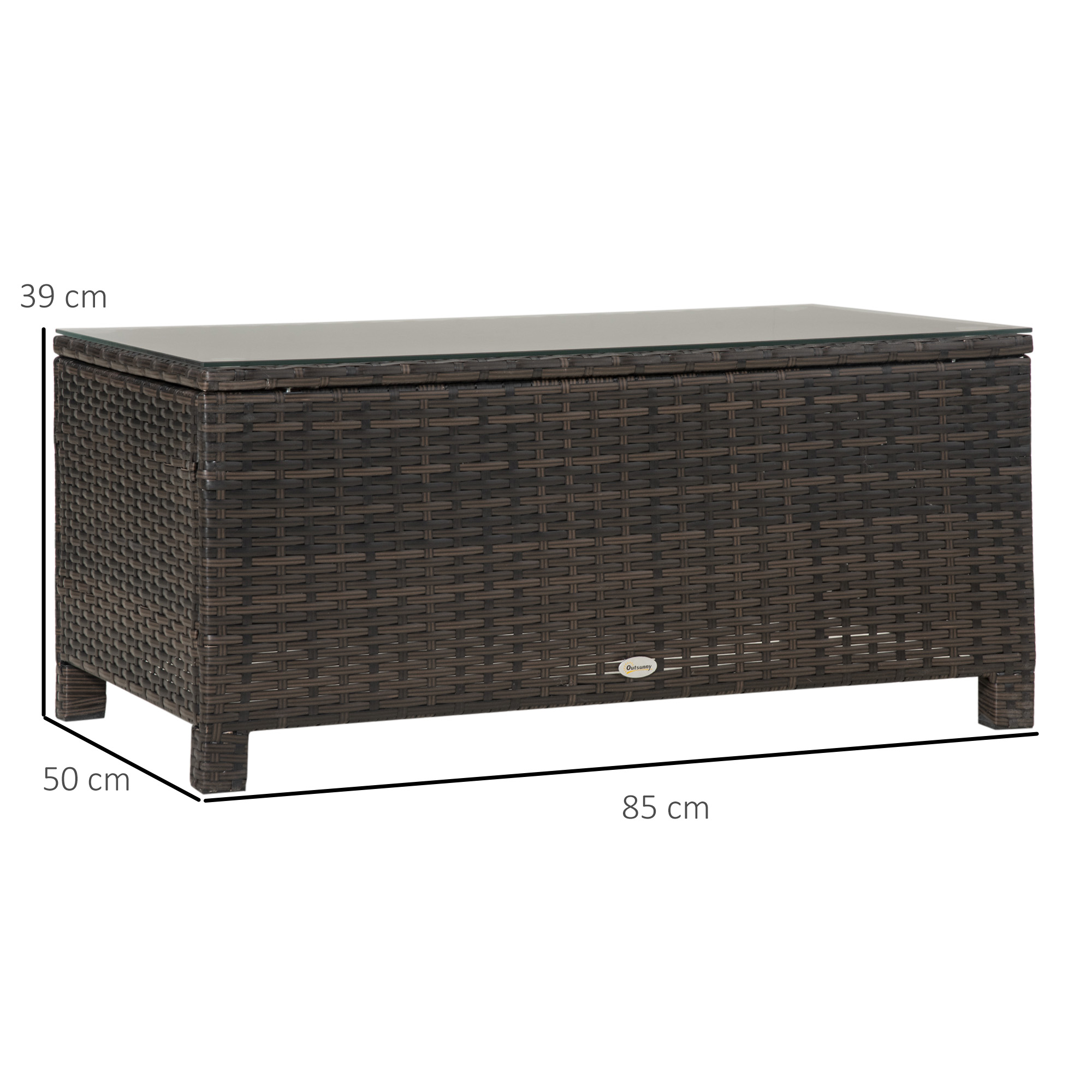 Cassapanca in rattan marrone scuro con piano in vetro, 85x50x39 cm.