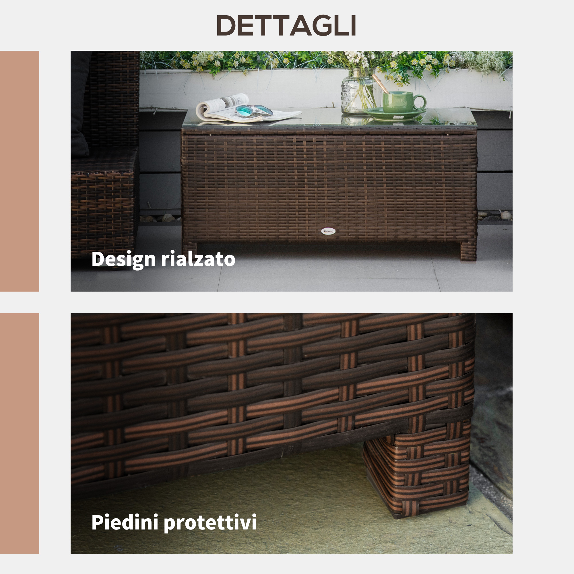 Tavolino da caffè in rattan marrone con piano in vetro, tazza, libro e piante.
