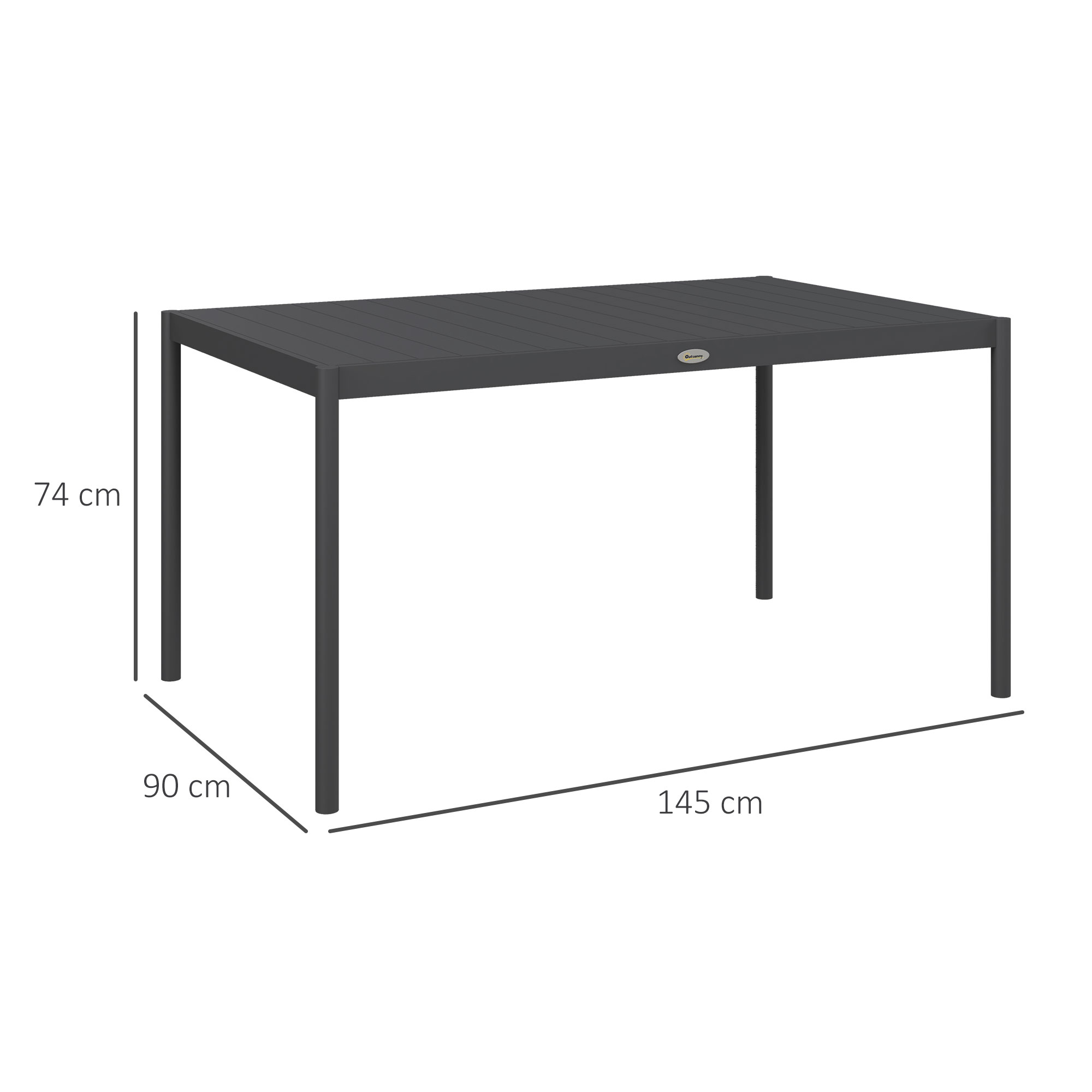 Tavolo rettangolare scuro con quattro gambe, dimensioni 145x90x74 cm.