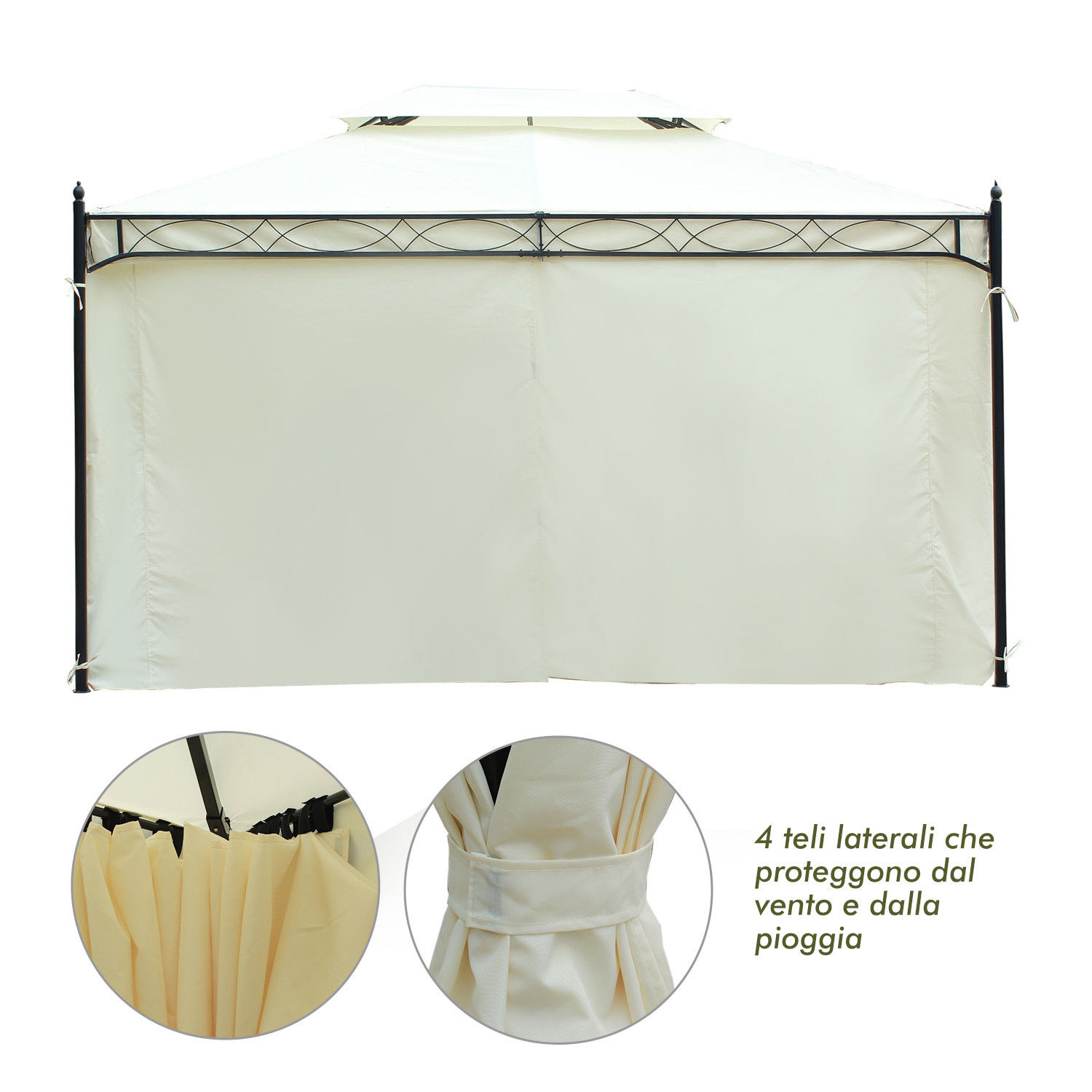 Un gazebo beige con telaio in metallo nero e tende laterali.