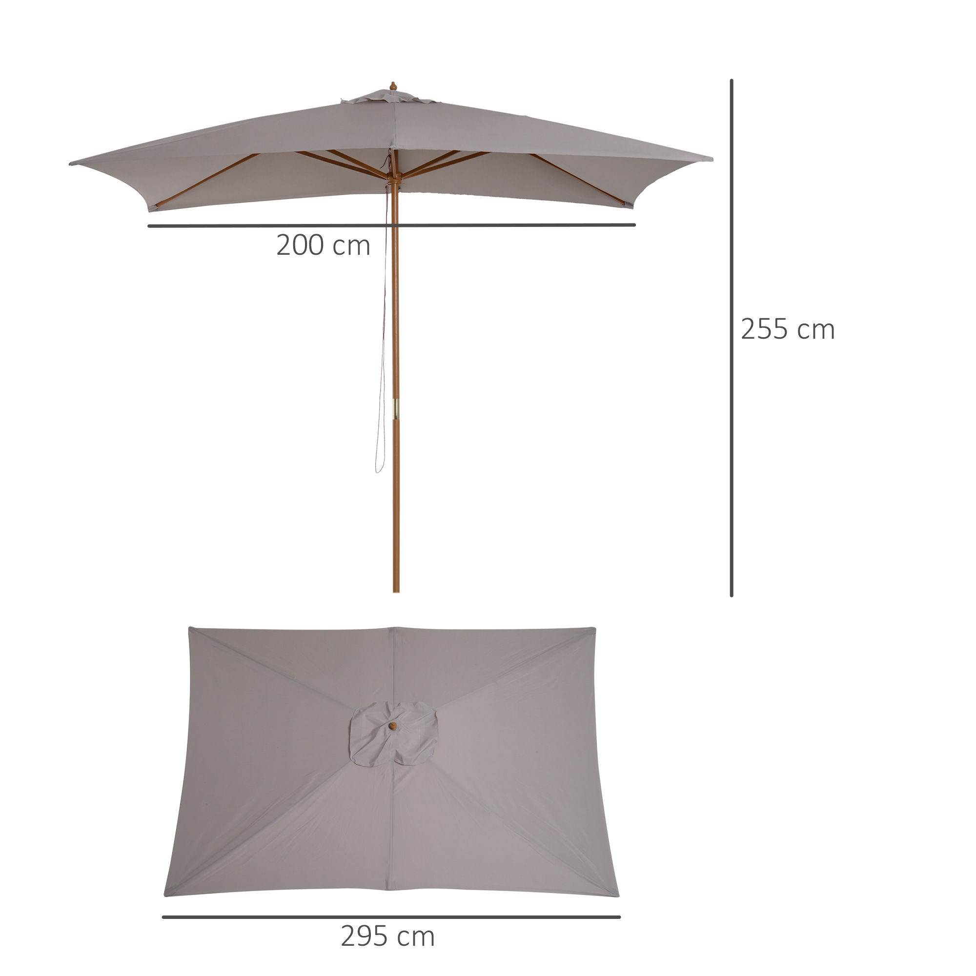 Un ombrellone grigio chiaro con palo in legno, largo 200 cm e alto 255 cm.