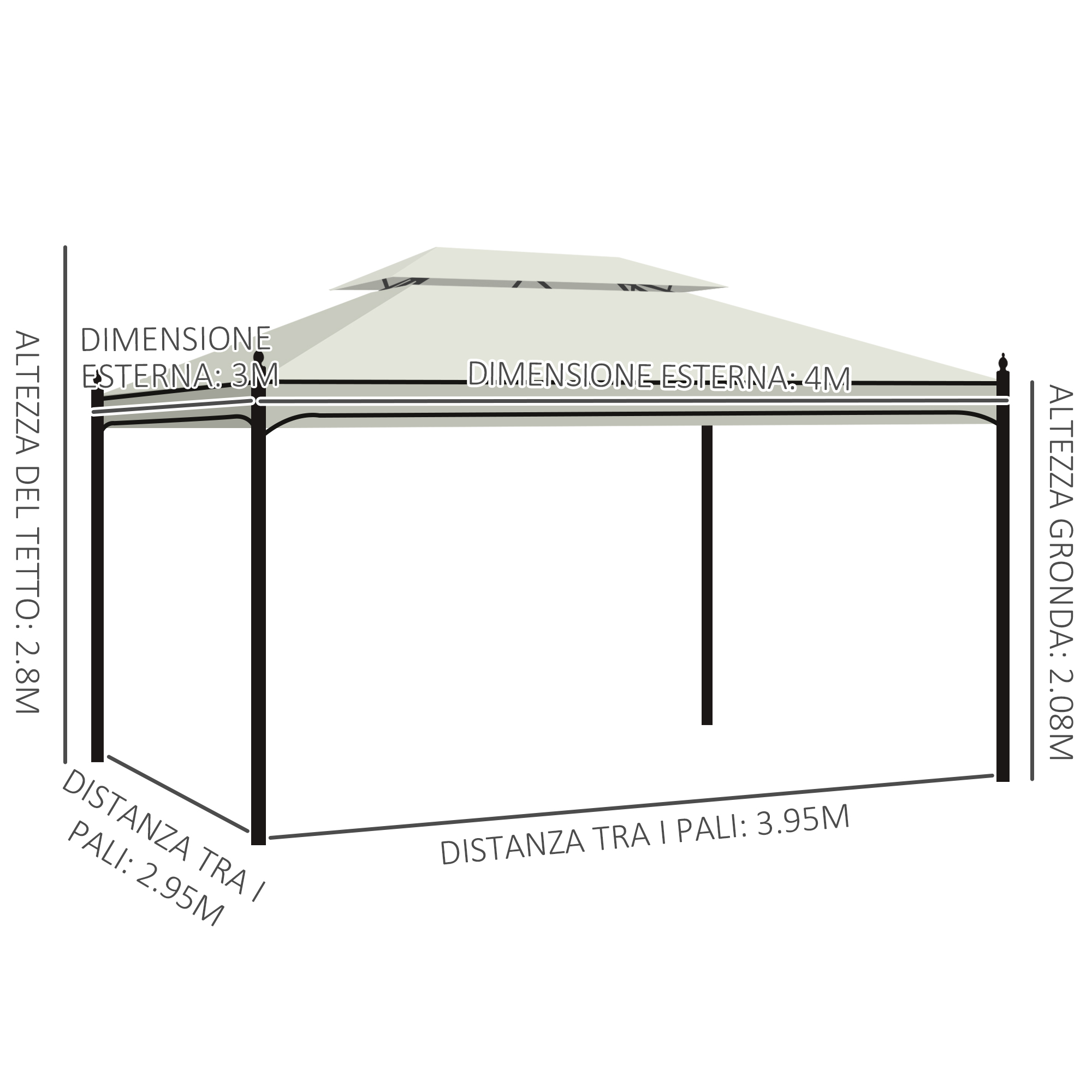 Schizzo di gazebo bianco con dimensioni: 3M/4M esterno, 2.8M altezza tetto, 2.08M altezza gronda.