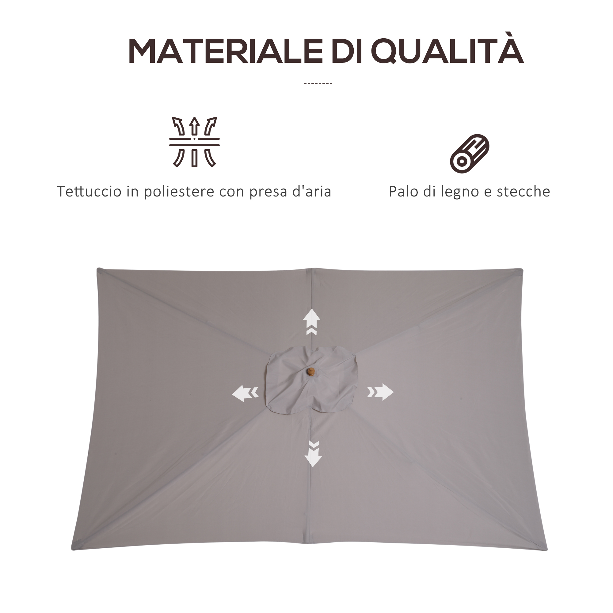 Telo ombrellone grigio con frecce che indicano la circolazione dell'aria.