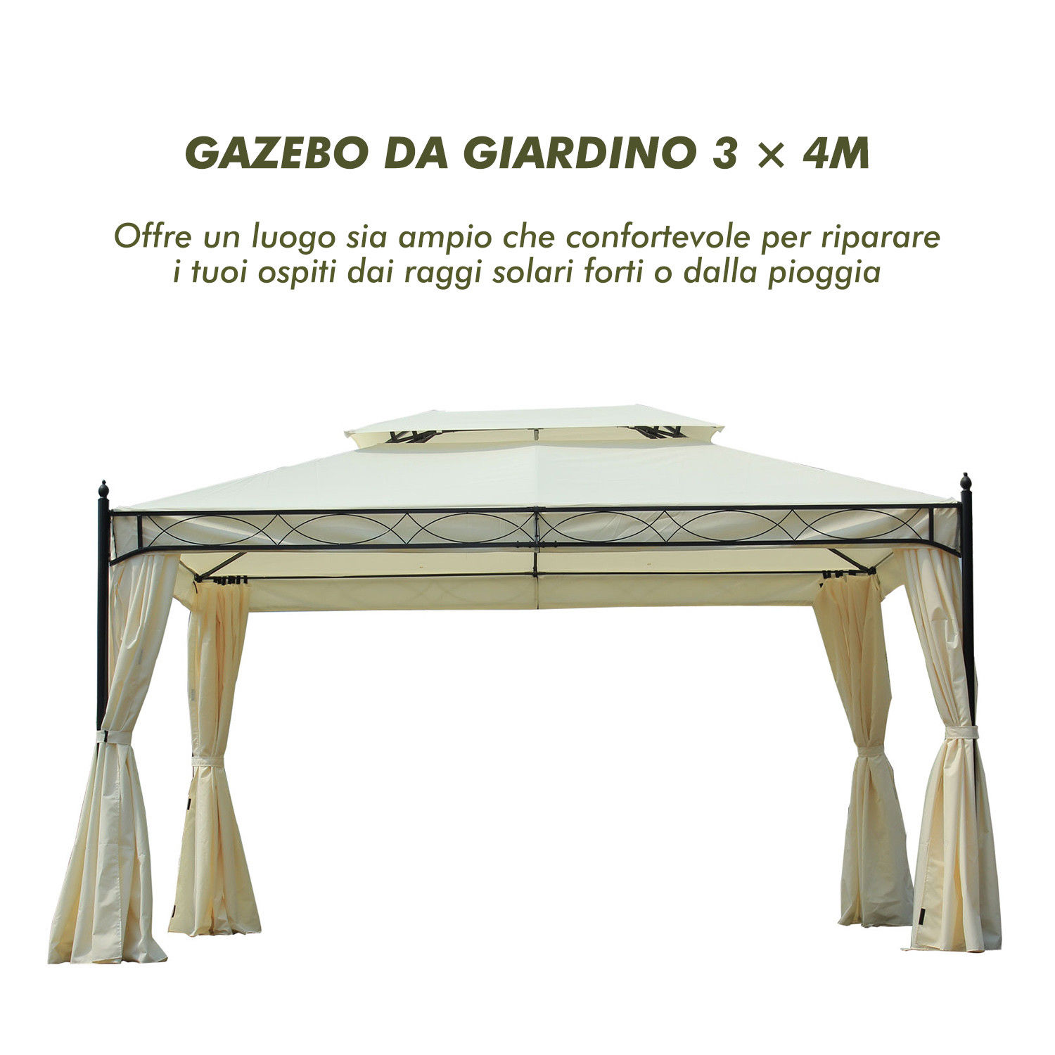 Un gazebo da giardino beige, 3x4m, con tende, offre riparo da sole e pioggia.