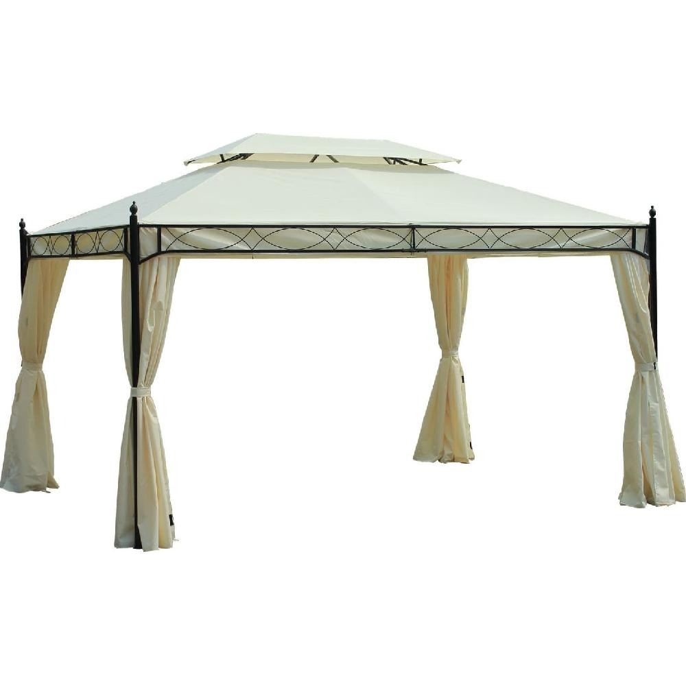 Un gazebo beige con telaio in metallo nero e tende laterali.