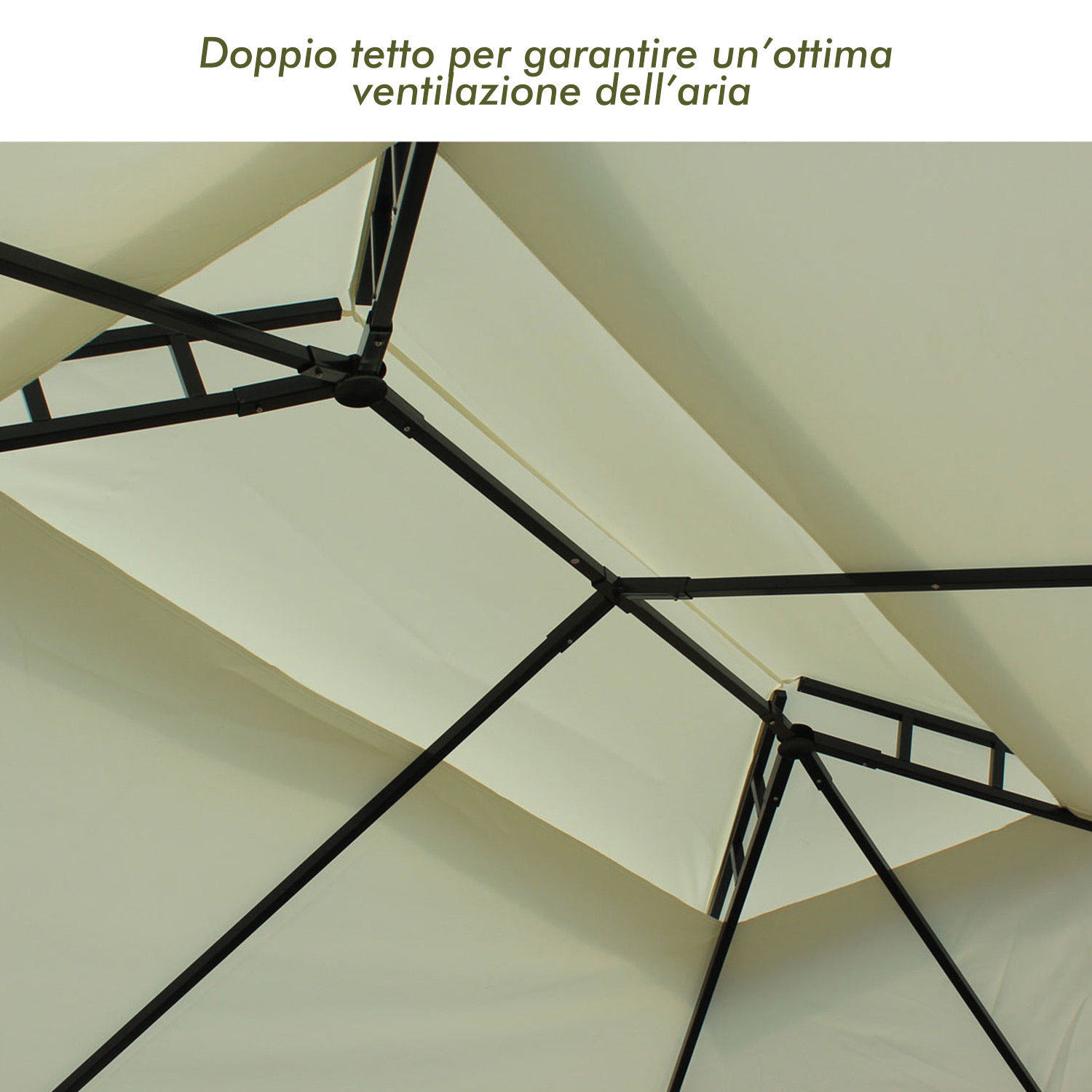 Doppio tettuccio in tessuto beige con struttura in metallo nero per ventilazione.