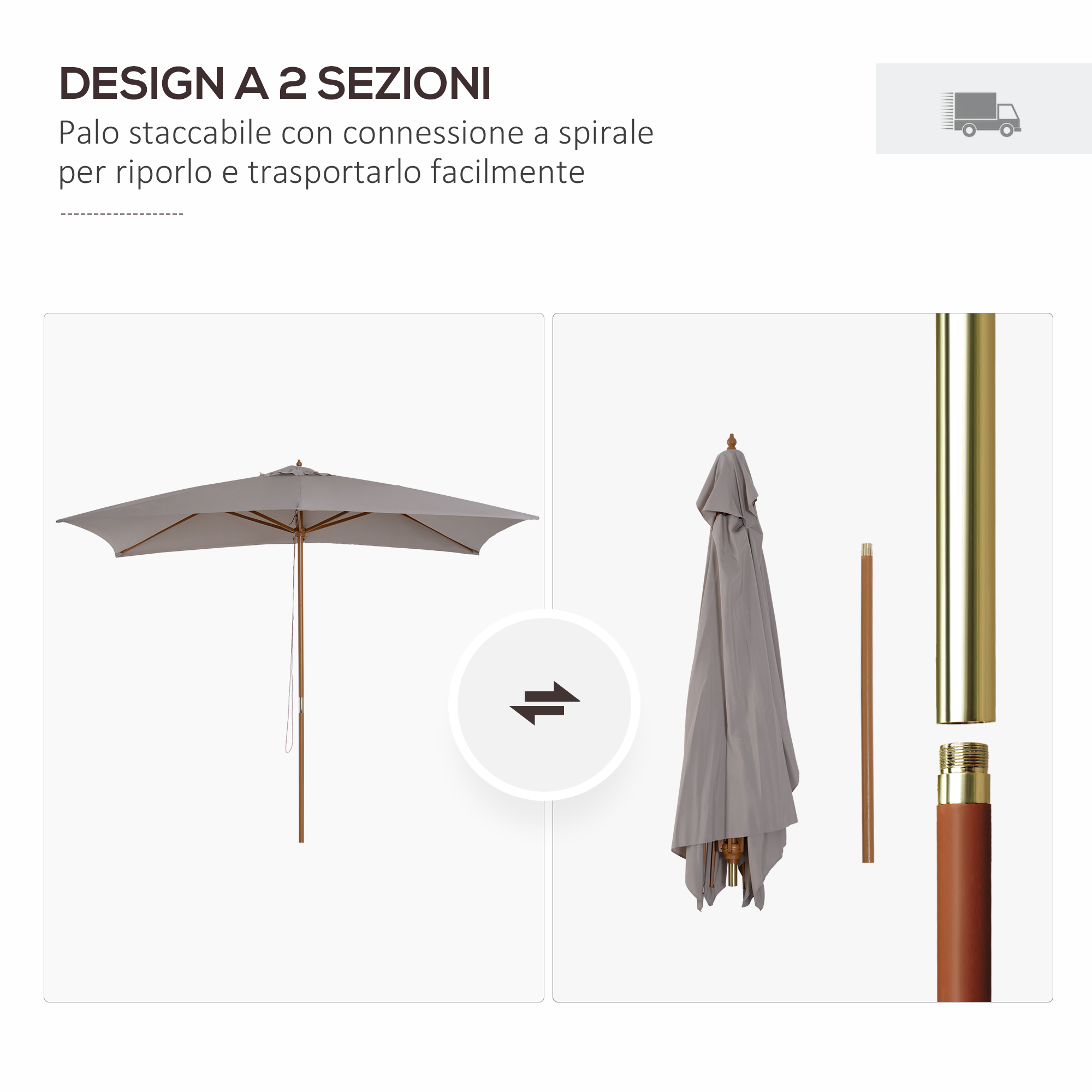Un ombrellone grigio aperto, uno chiuso e due pali mostrati. Design a 2 sezioni.