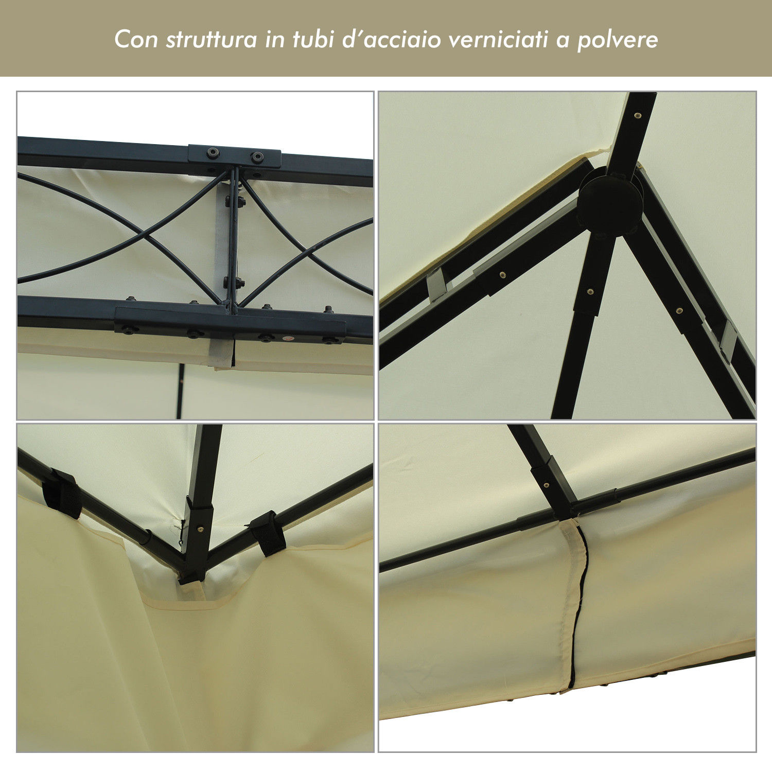 Primo piano di una tettoia color crema con struttura in metallo nero.
