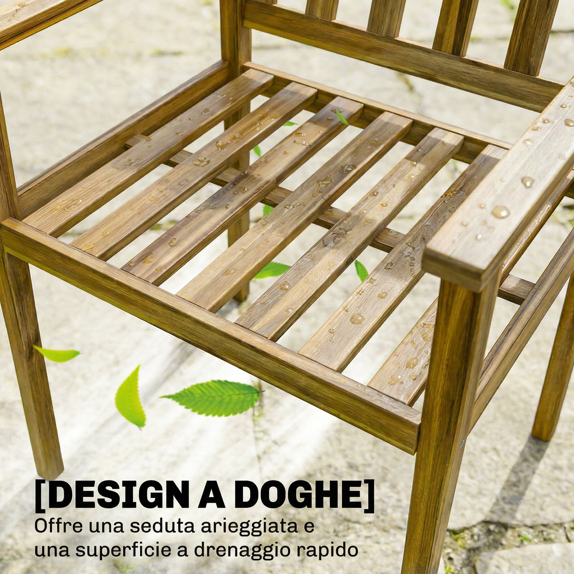 Sedia in legno con seduta a doghe e gocce d'acqua.