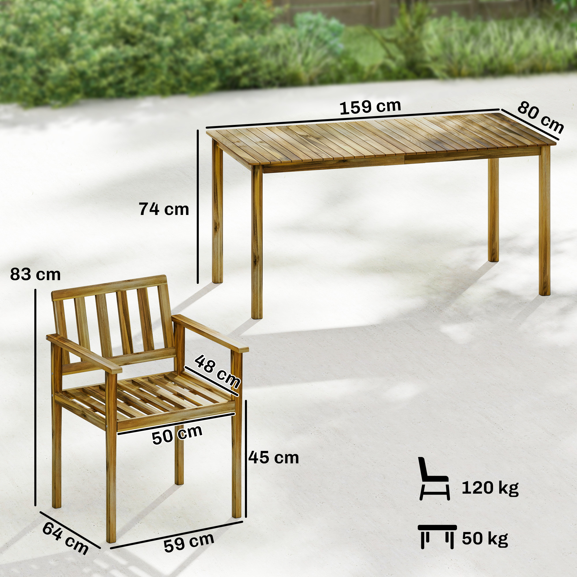 Tavolo in legno (159x80x74cm) e sedia (64x59x83cm) con dimensioni.