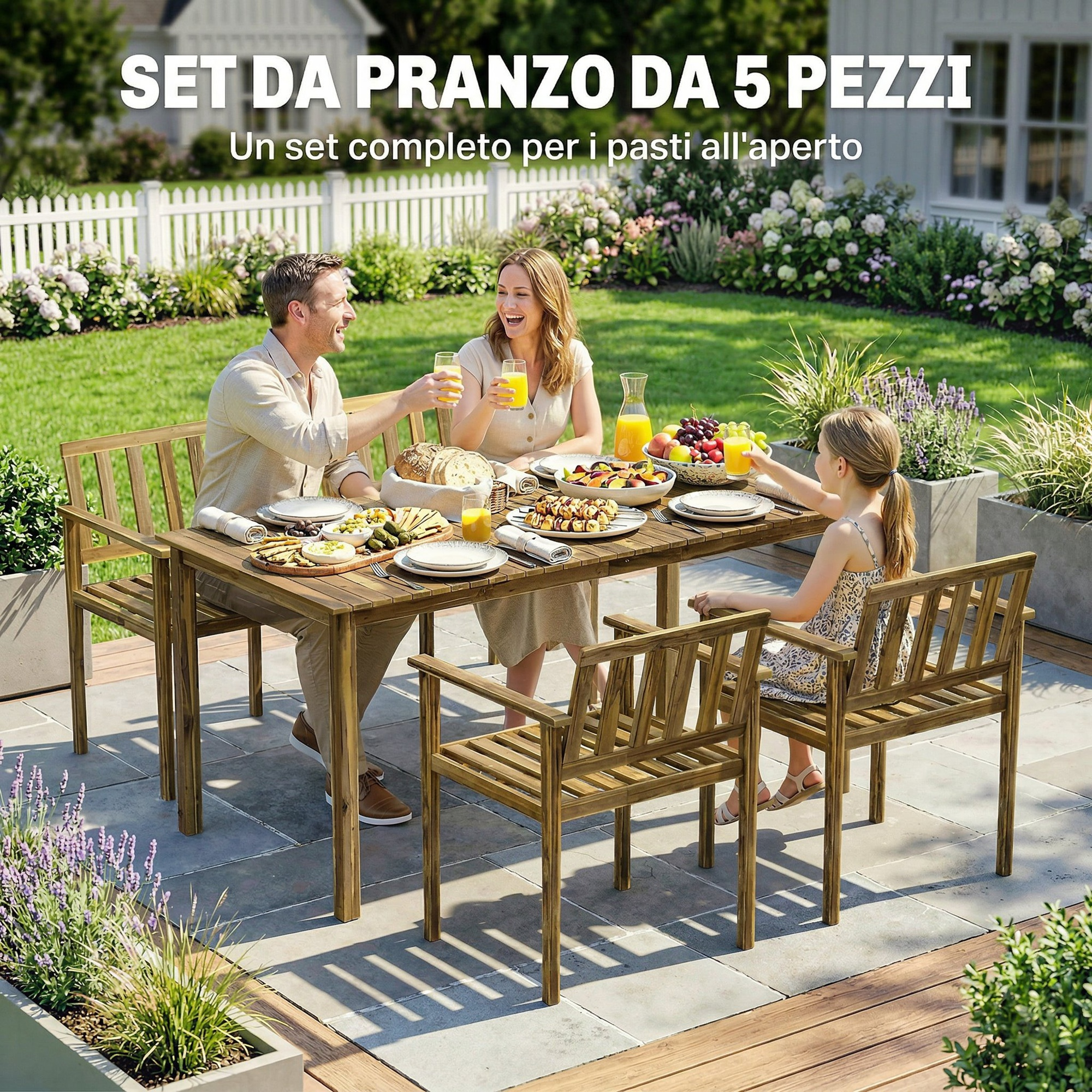 Famiglia gode di un pasto all'aperto su un tavolo di legno.