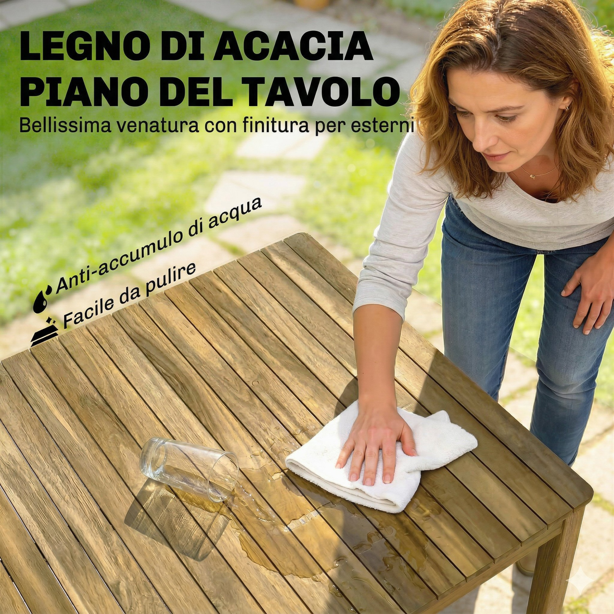 Donna pulisce acqua da tavolo in legno esterno con asciugamano bianco.