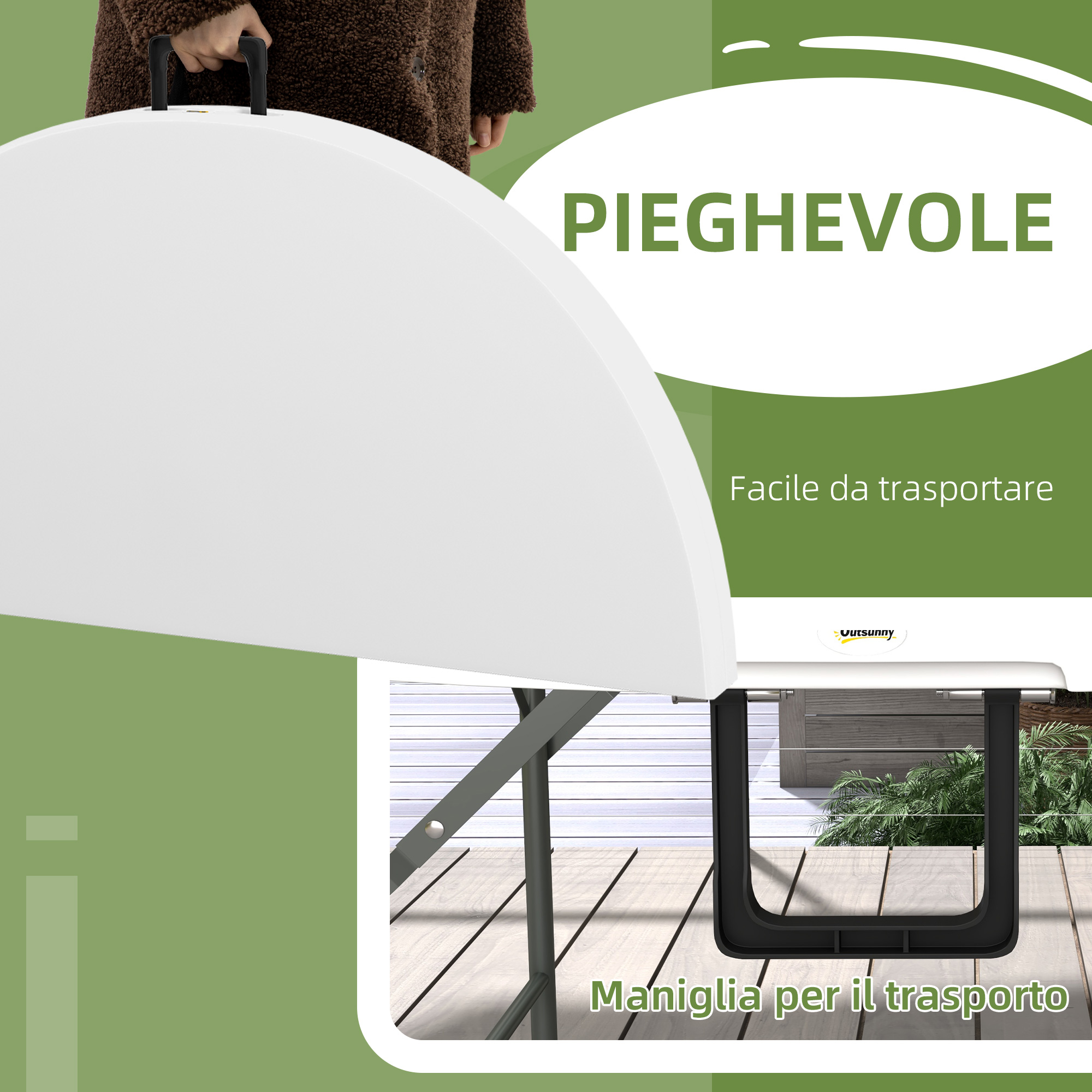 Una persona trasporta un tavolo bianco pieghevole con maniglie.