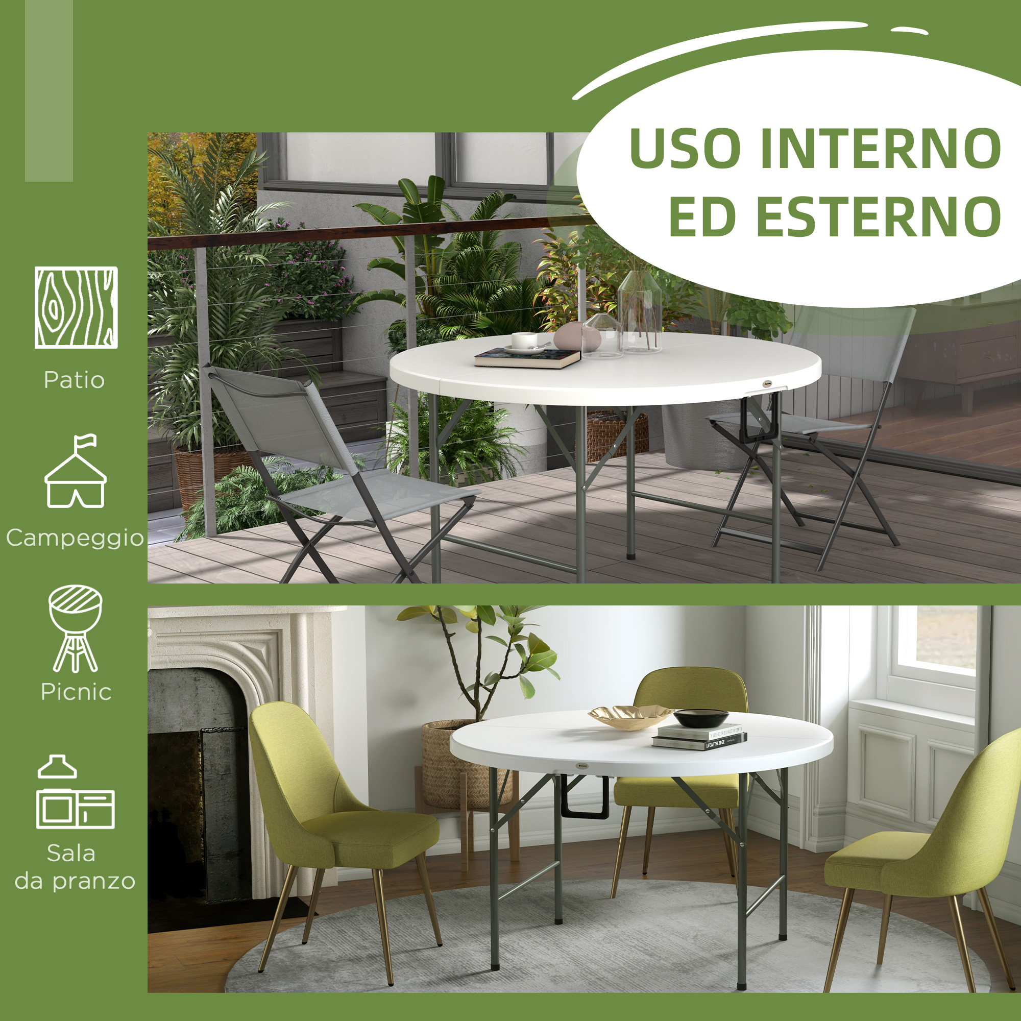 Un tavolo rotondo bianco con sedie su un patio e all'interno.