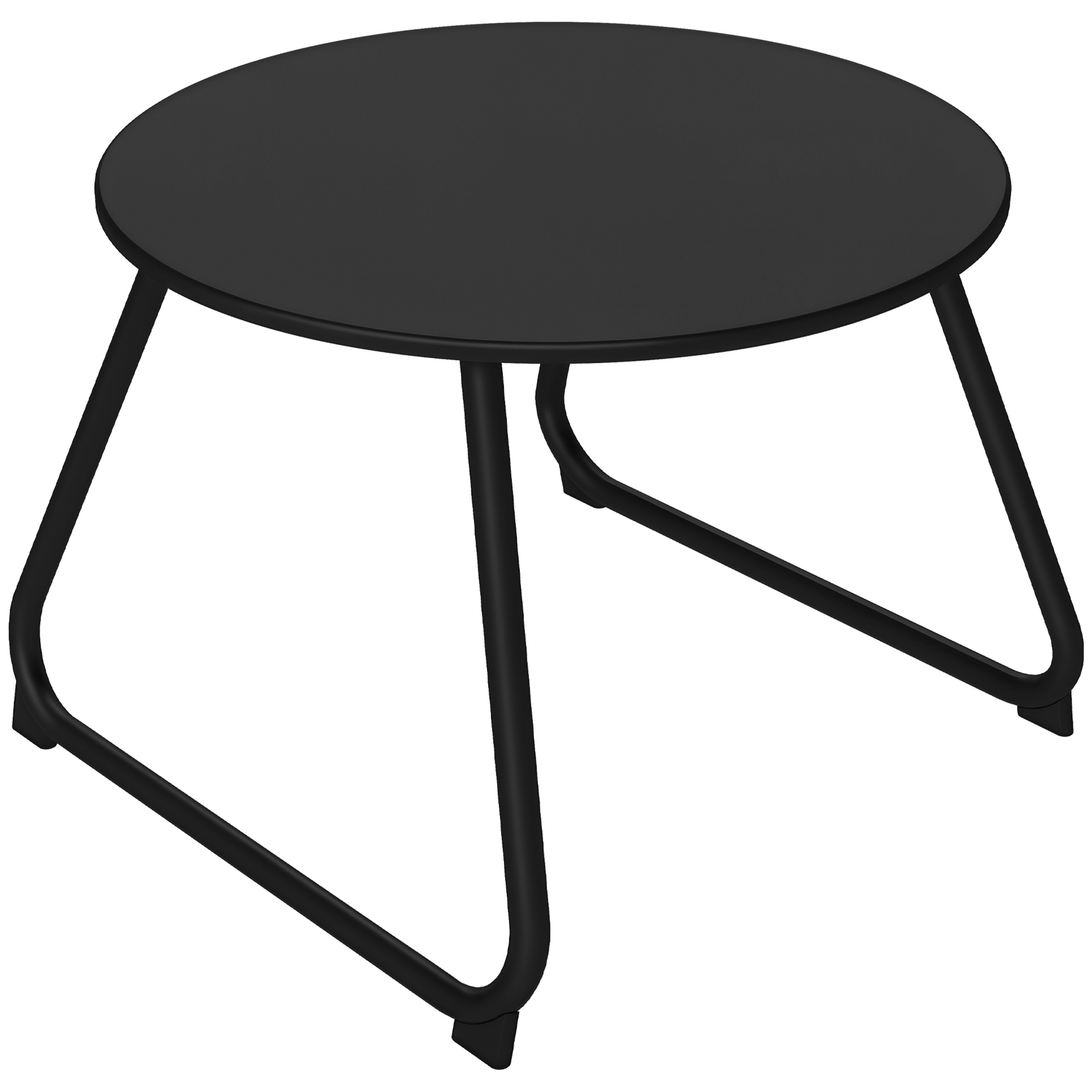 Un tavolino rotondo e nero con tre gambe curve in metallo.