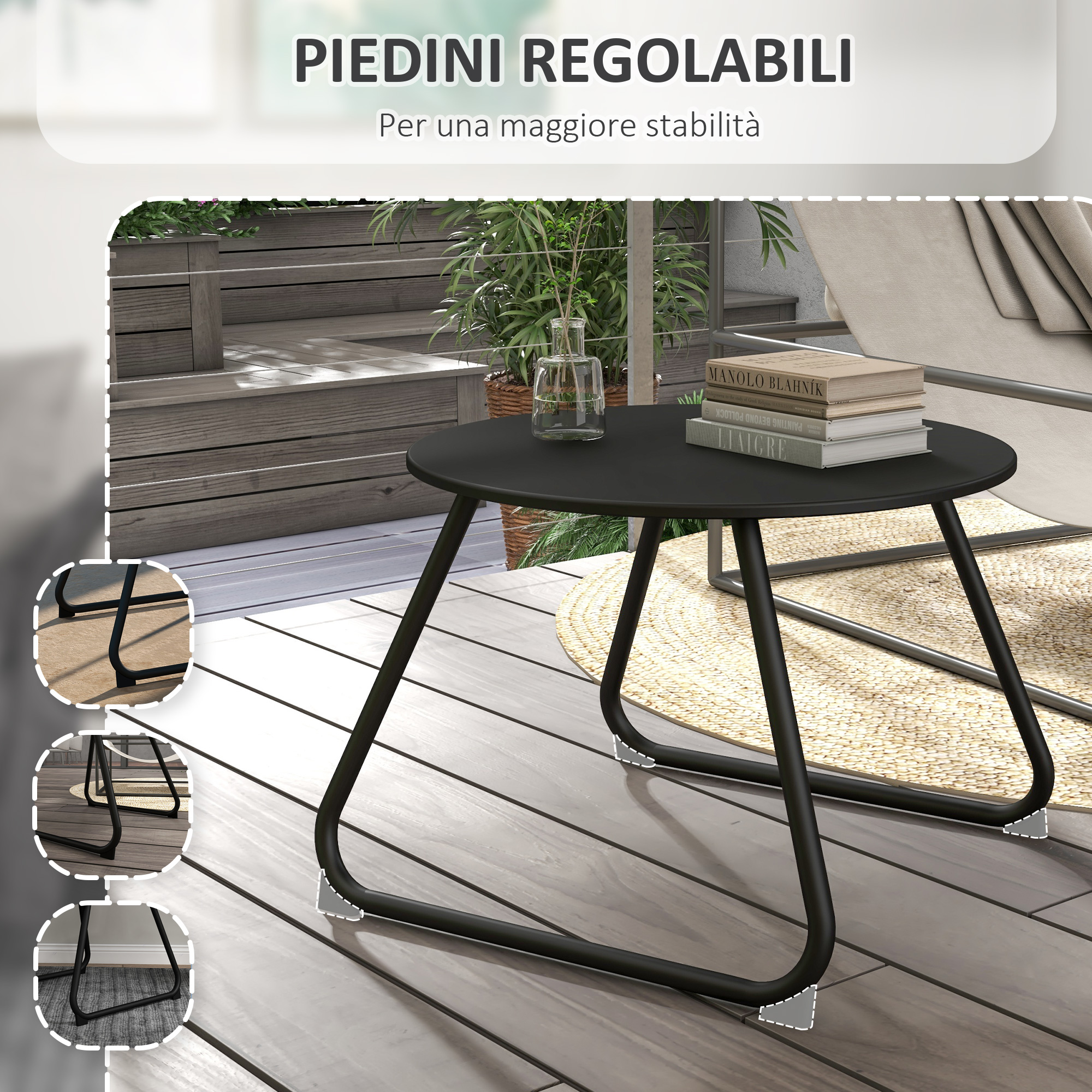 Tavolino rotondo nero con libri e vaso su un deck di legno.
