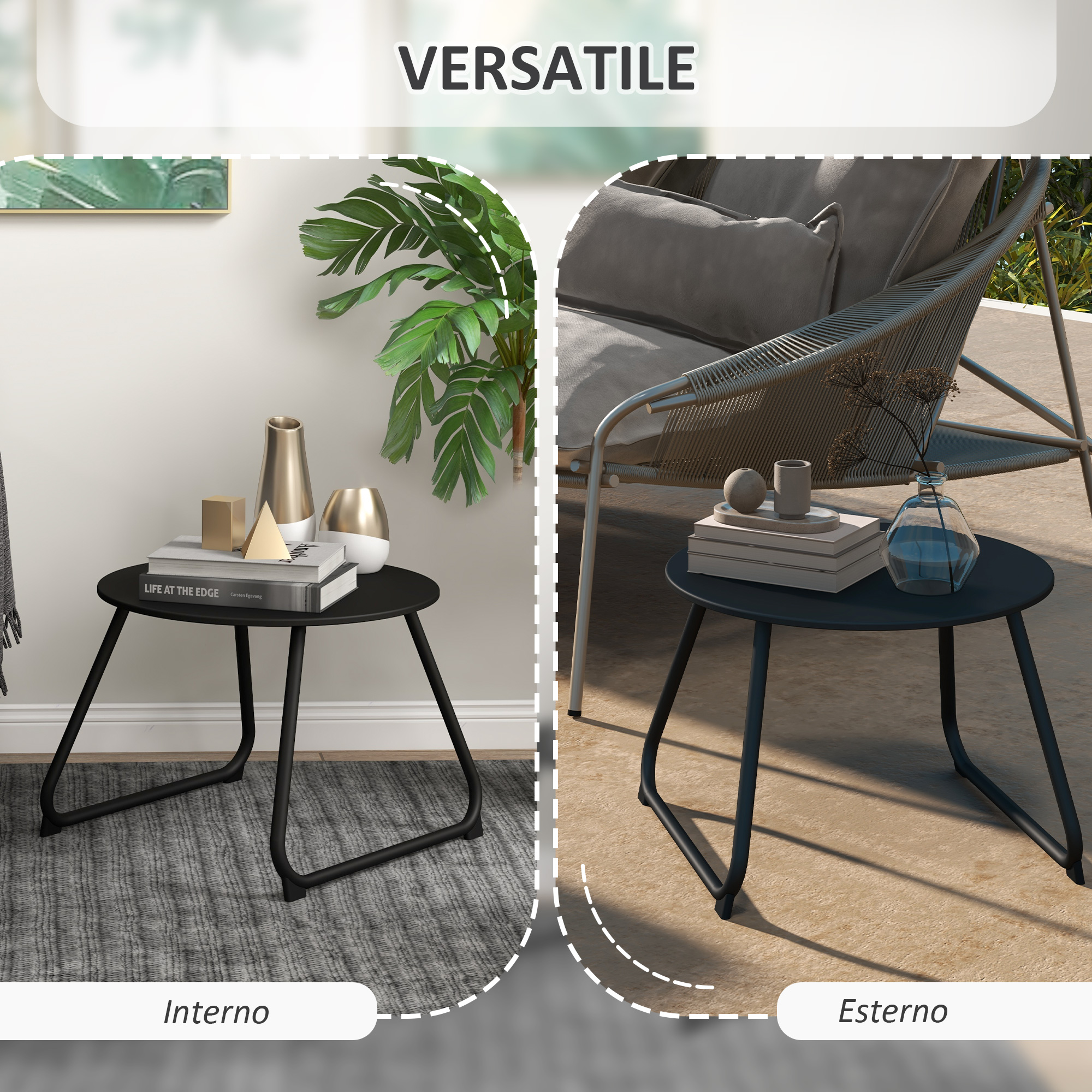 Un tavolino rotondo nero interno con vasi e esterno con sedia e decorazioni.
