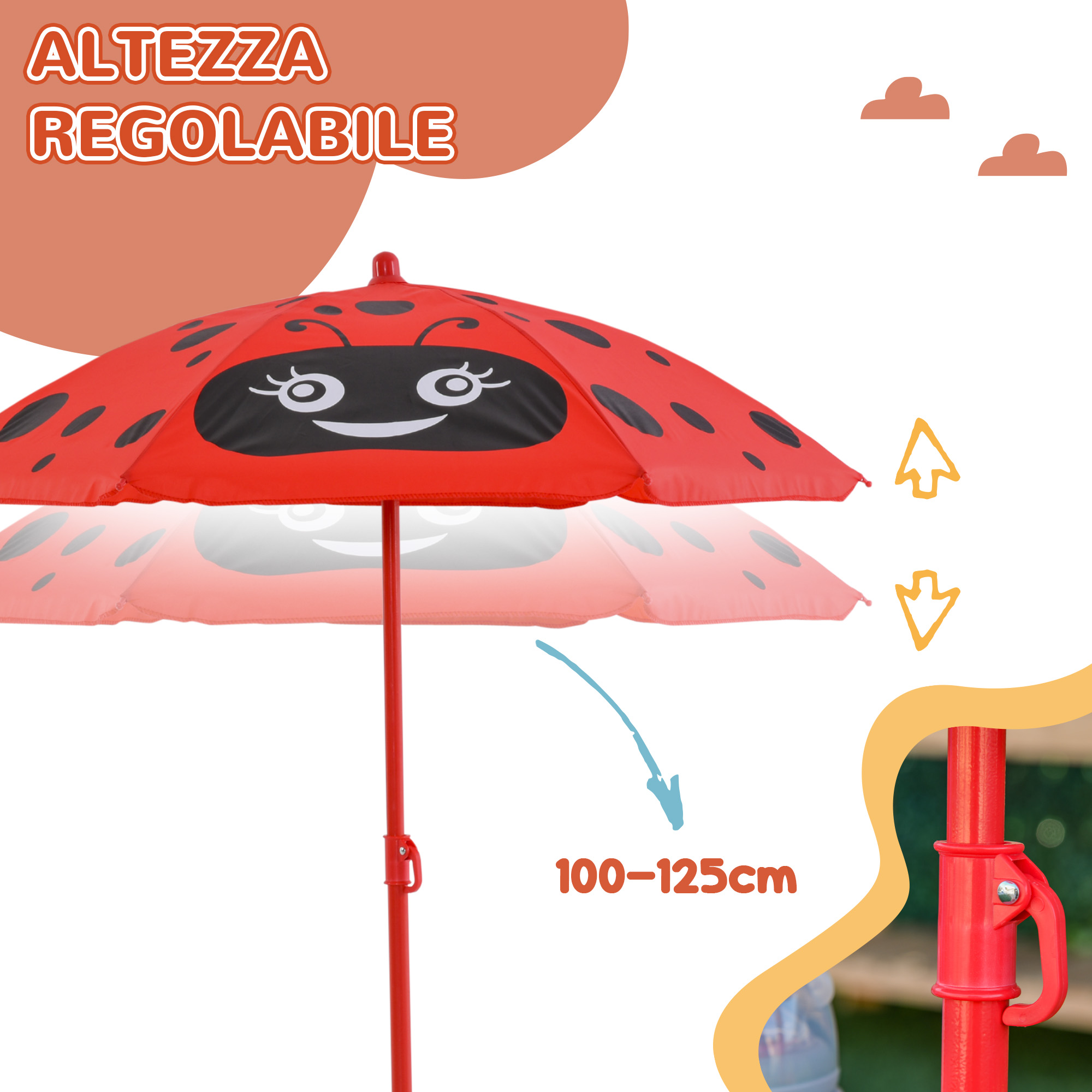 Ombrello rosso coccinella, altezza regolabile da 100-125cm.