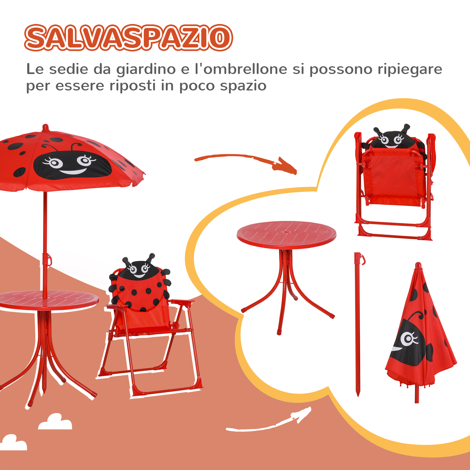 Set da giardino a forma di coccinella: tavolo, sedia e ombrellone.